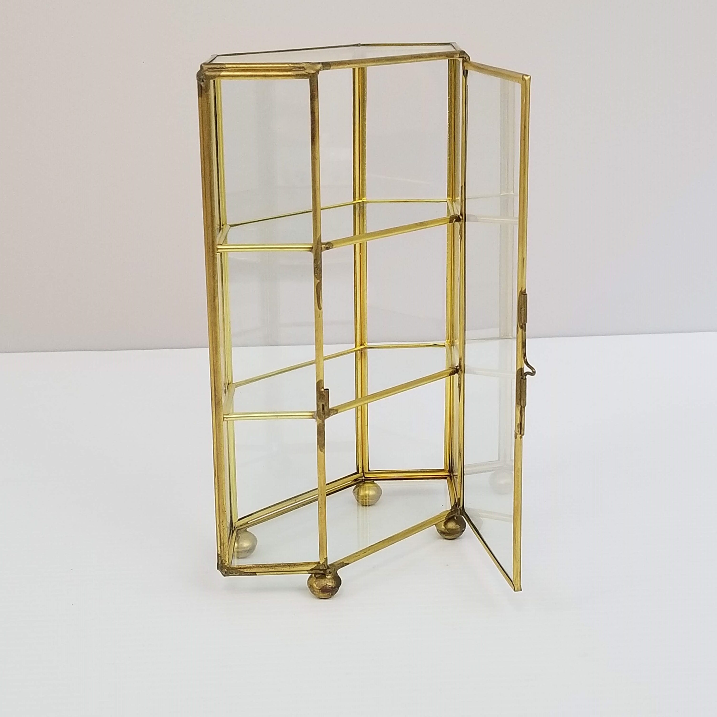 Vintage Glass and Brass 6sided Tabletop Curio Display Case, Two Shelves, Shadow Box