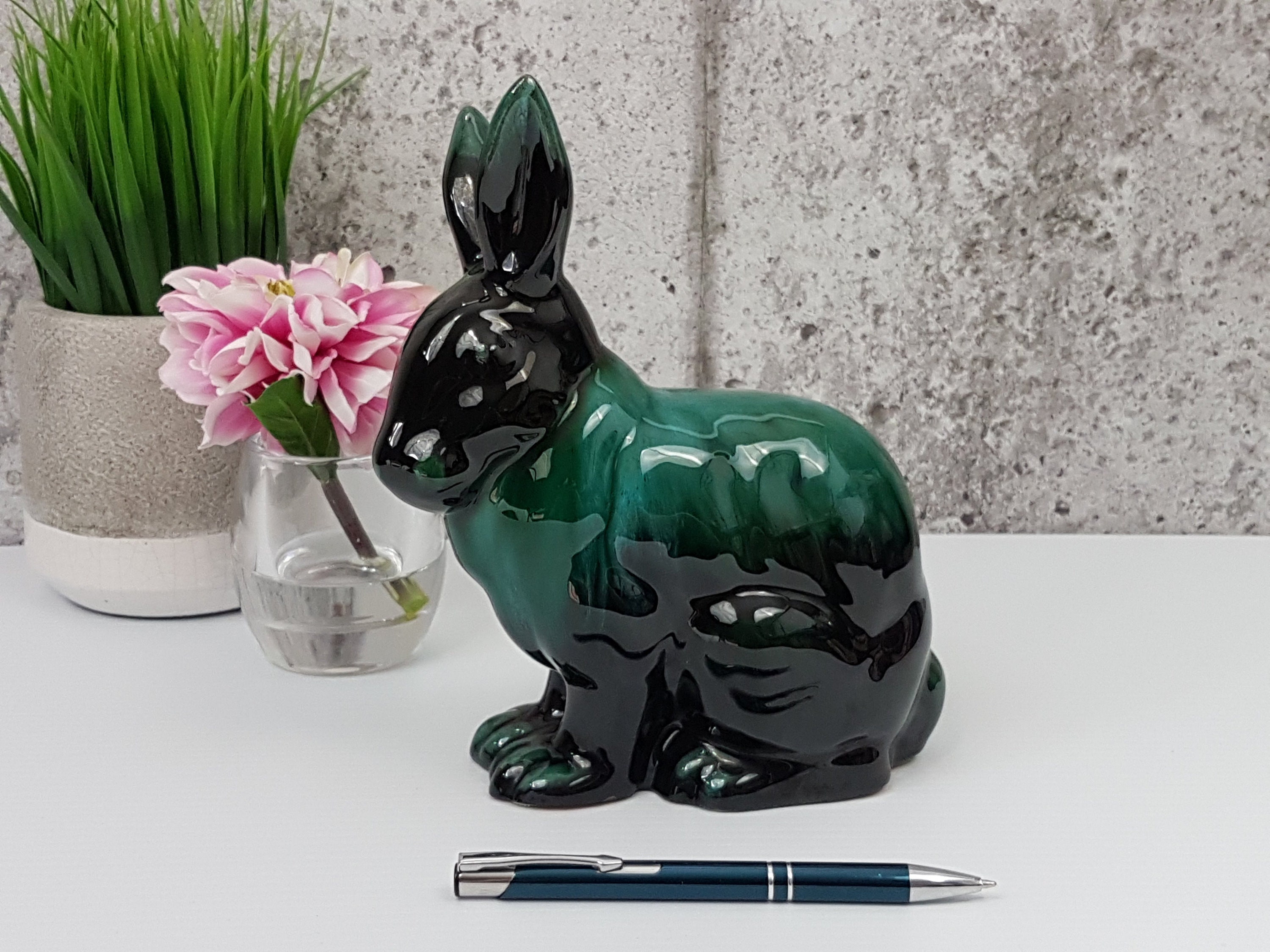 Blue Mountain Pottery Hare, Rabbit, Bunny, Green Drip Glaze with Black