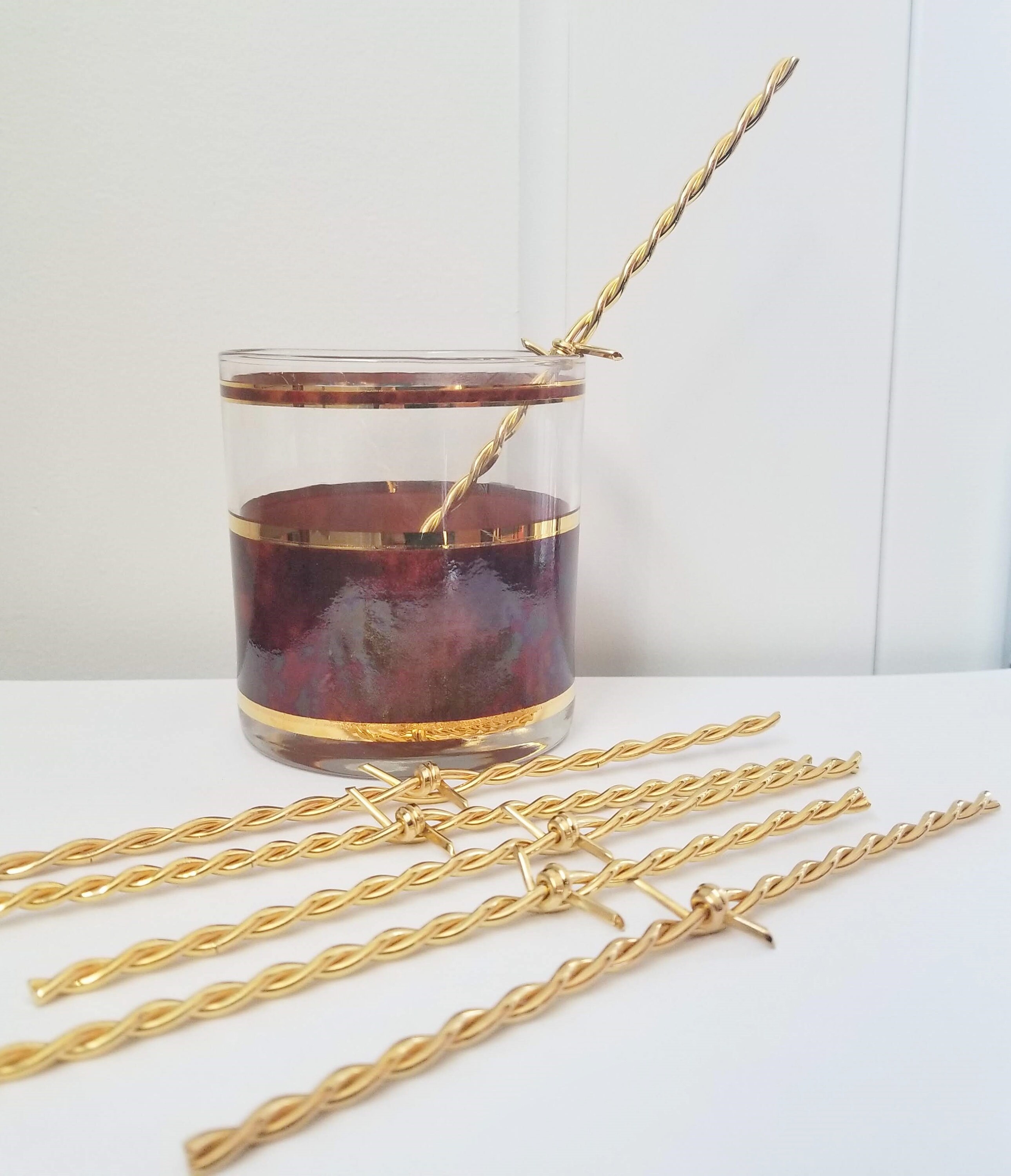 Barbed Wire Swizzle Sticks, Gold Plated 24K, Texas Purties, Set of 6