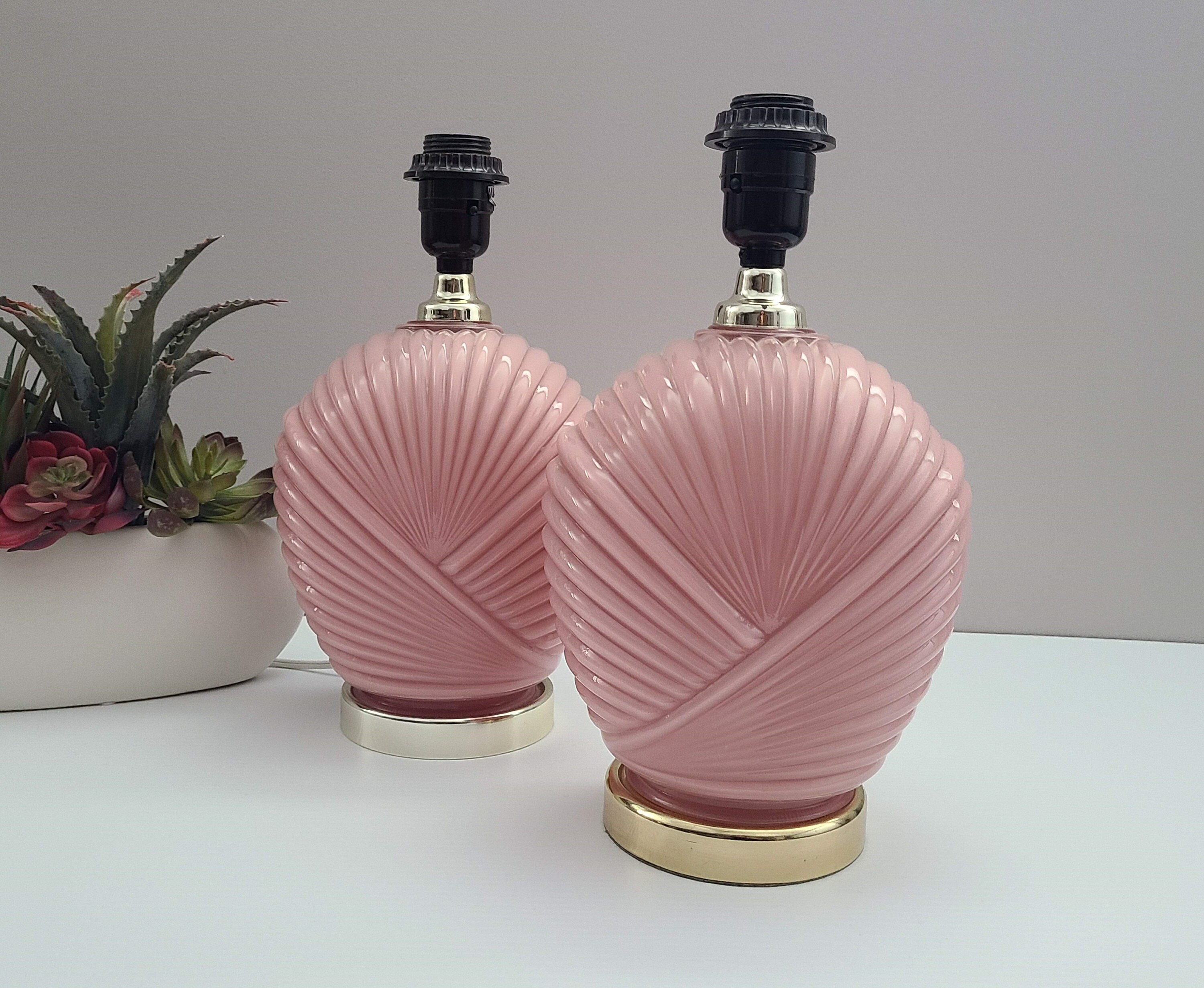 1980's Dusty Rose/Pink Glass Table Lamps, Ribbed, Art Deco, Shell or Fan, Gold Base & Neck No