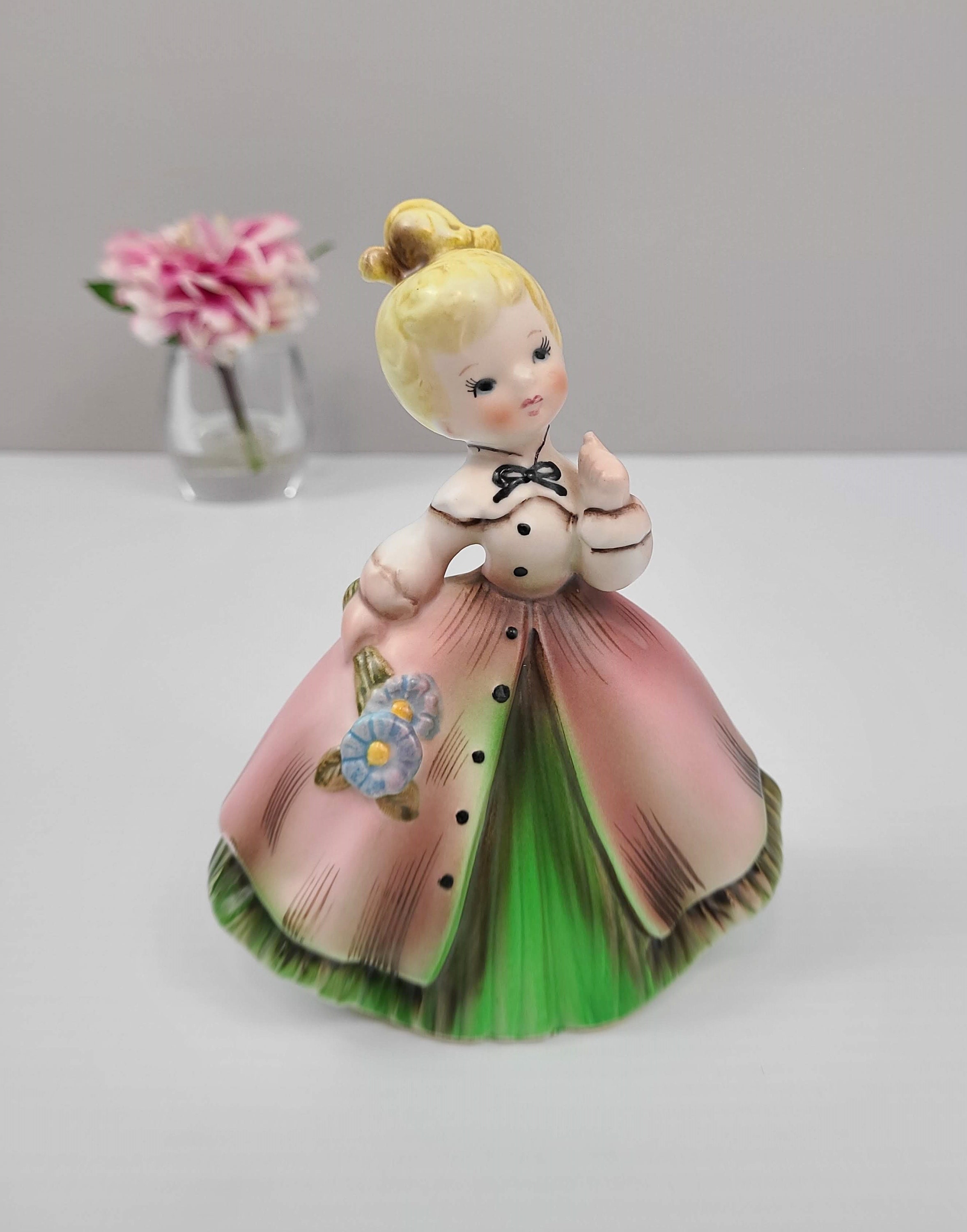 Mid Century Kitschy Gift Craft Lady in Pink Dress Holding Flowers, Hand