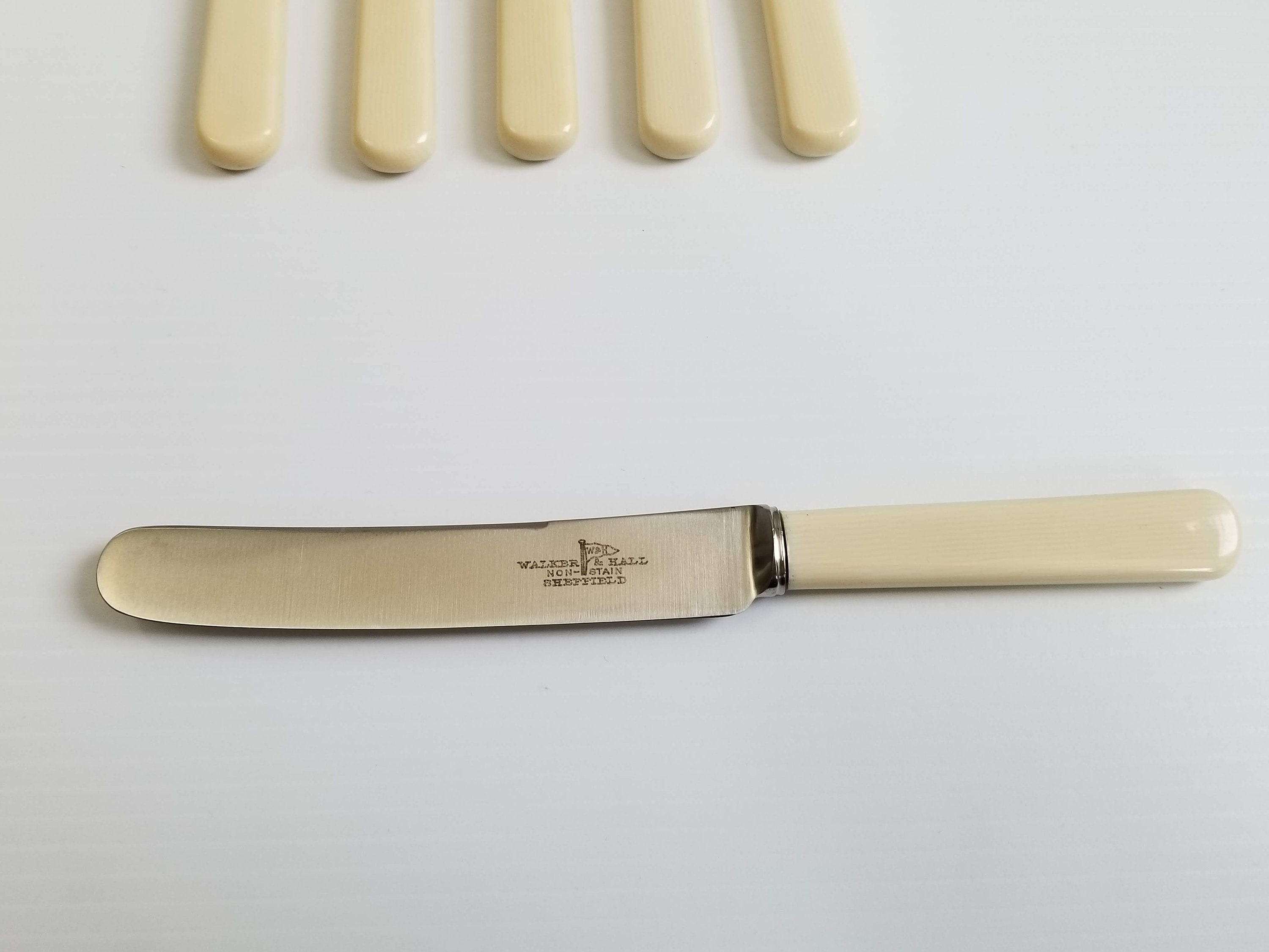 Vintage Cheese Knives by Walker & Hall, OffWhite Patterned Bakelite