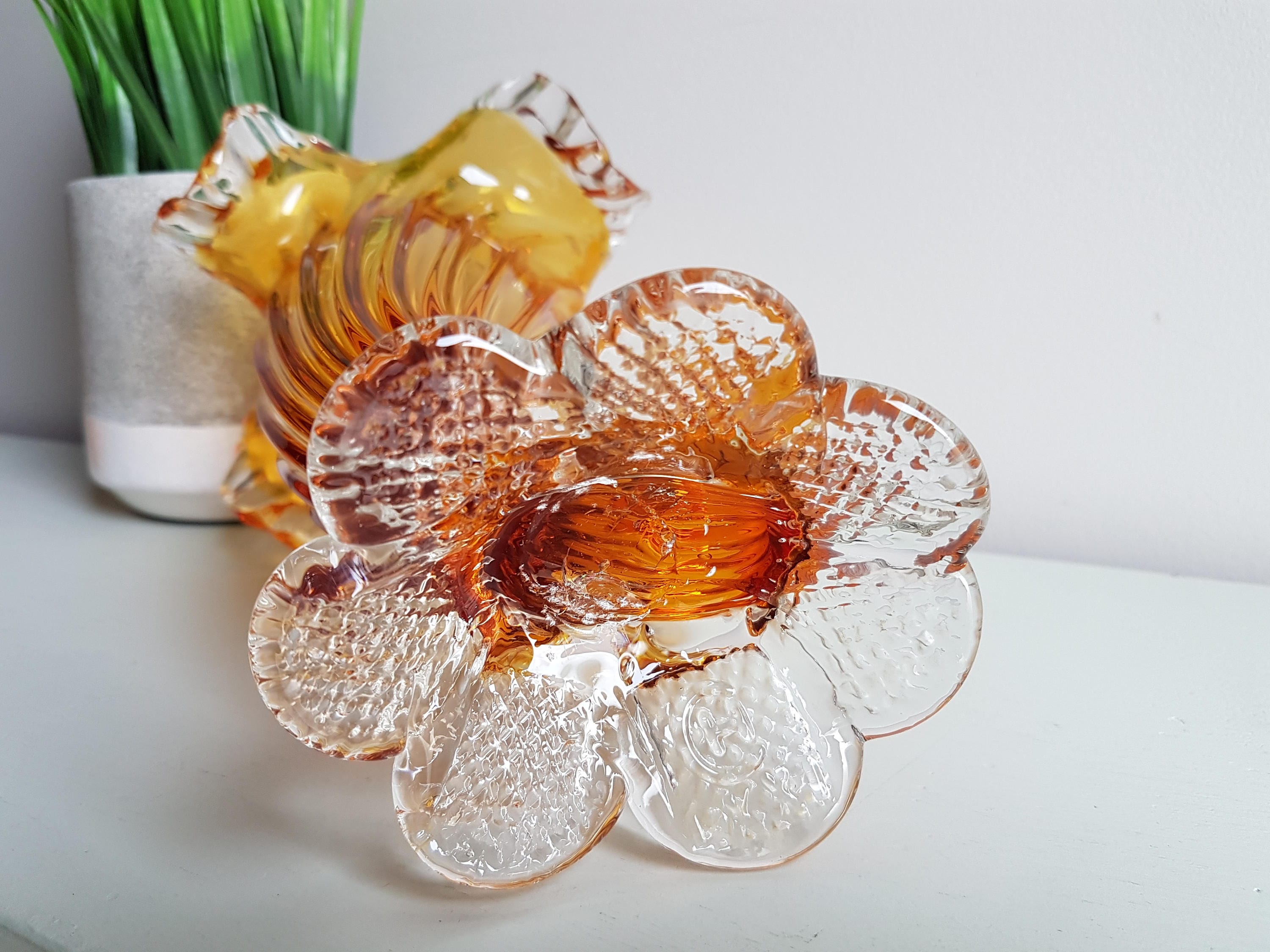 Vintage Chalet Glass, Gold and Clear Cornucopia Vase, Ribbed Heritage