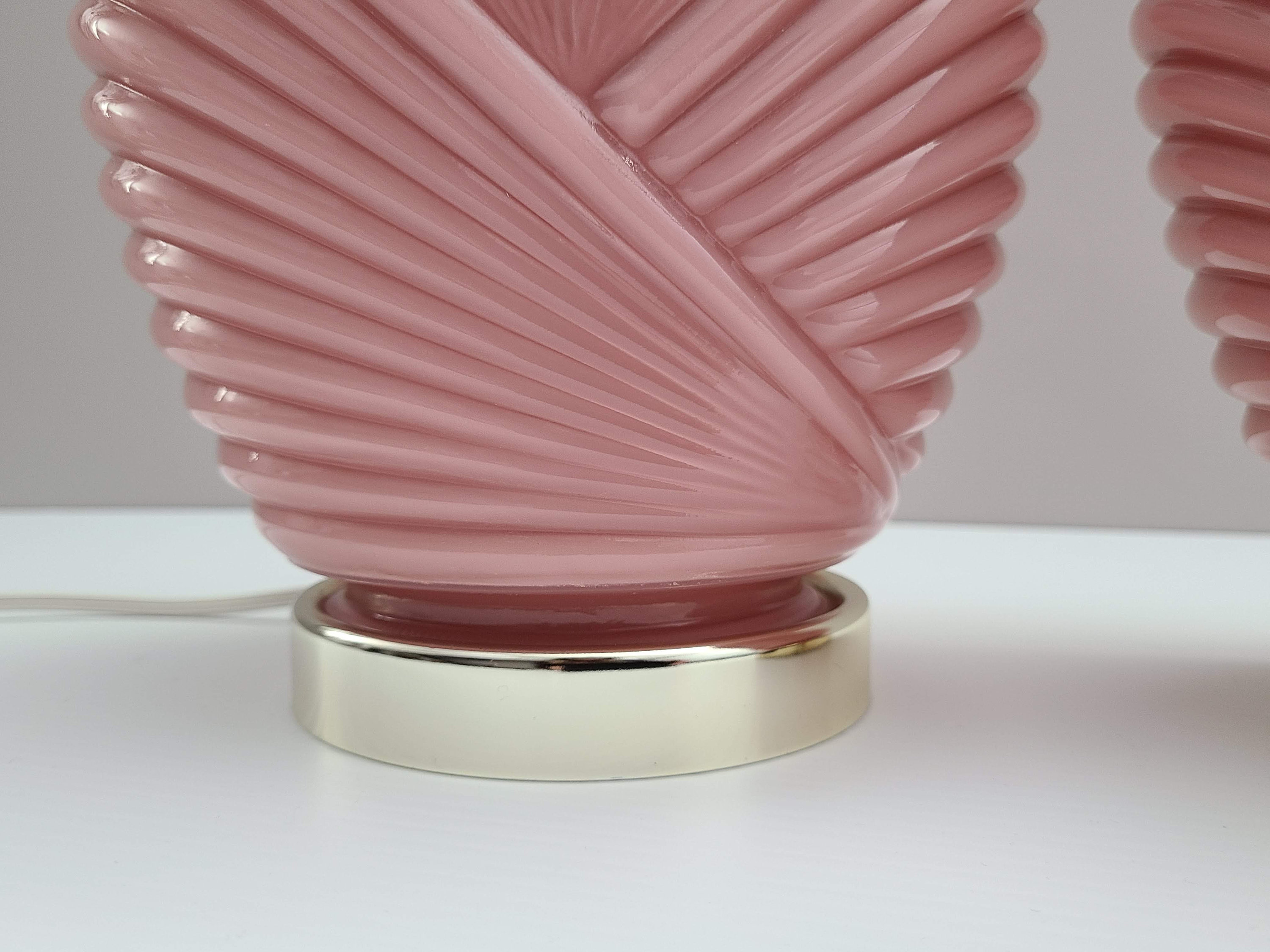 1980's Dusty Rose/Pink Glass Table Lamps, Ribbed, Art Deco, Shell or