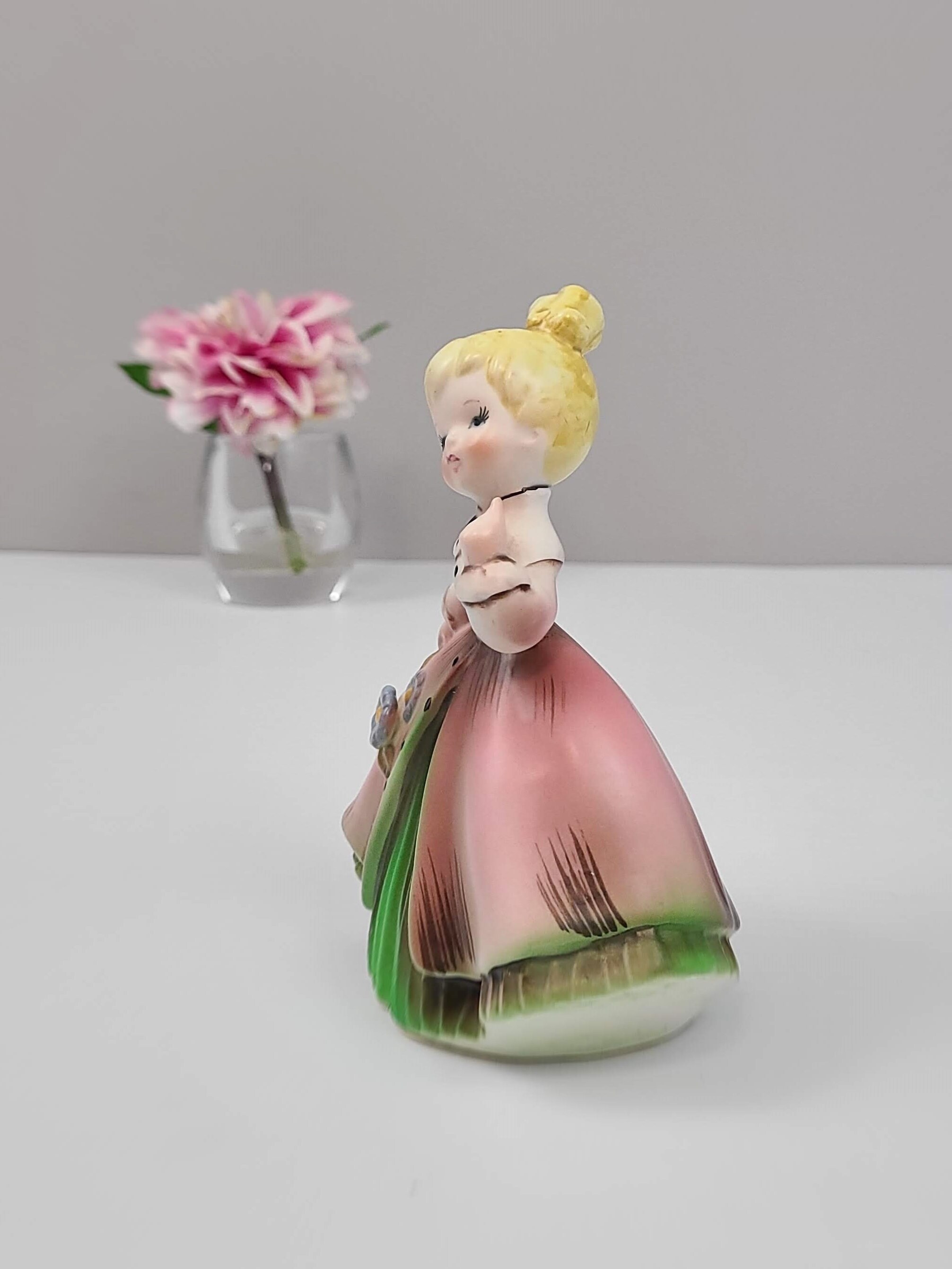 Mid Century Kitschy Gift Craft Lady in Pink Dress Holding Flowers, Hand