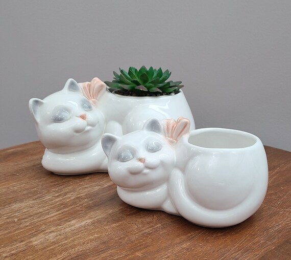 Cat Planters, Fun Planters by St. Michaels Italy for Marks and Spencer,  Pair, Plant Pot, Succulents, Sleeping Cat, White & Grey, Peach Bow