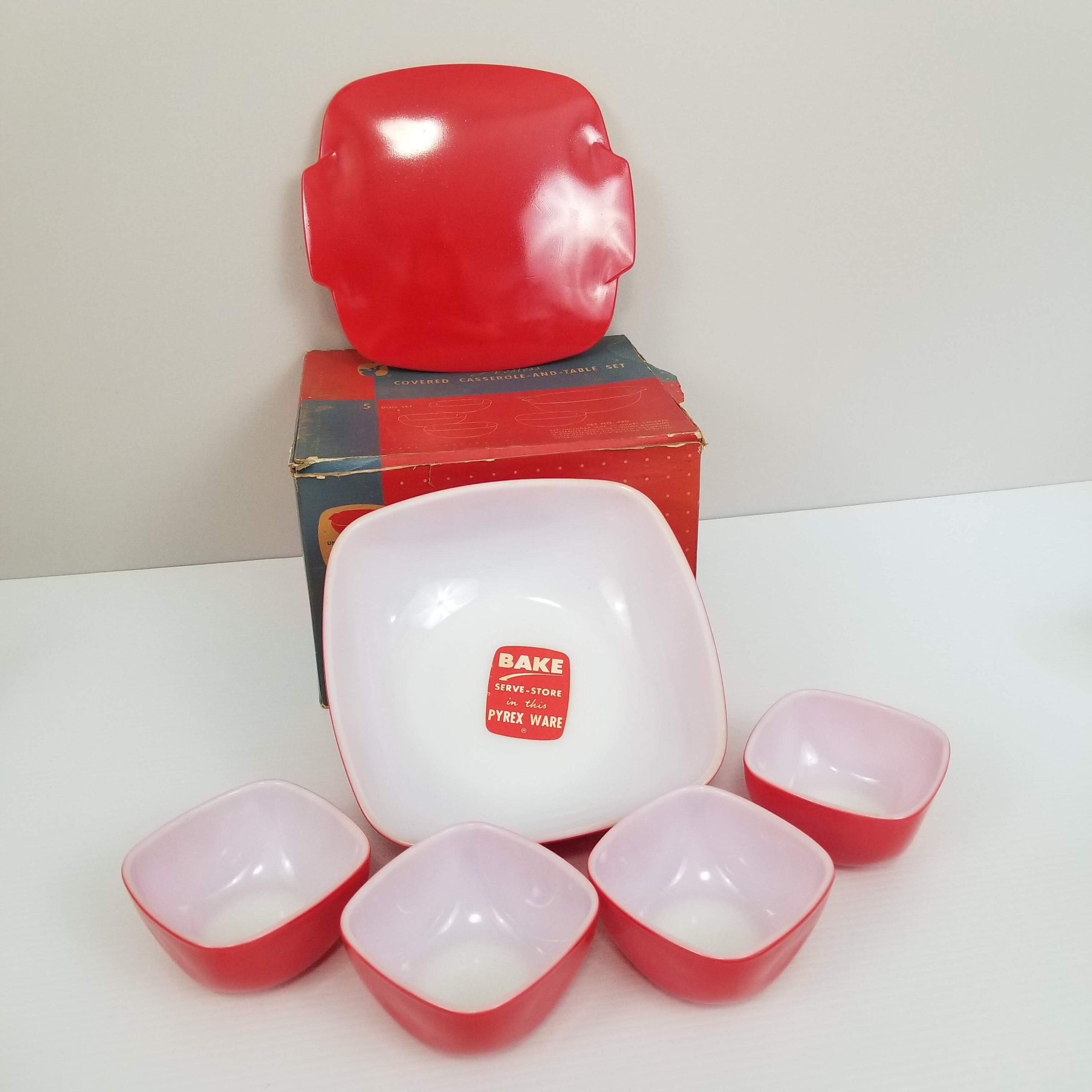Pyrex Red Hostess Set in Box, Complete, Hostess Table and Oven Set