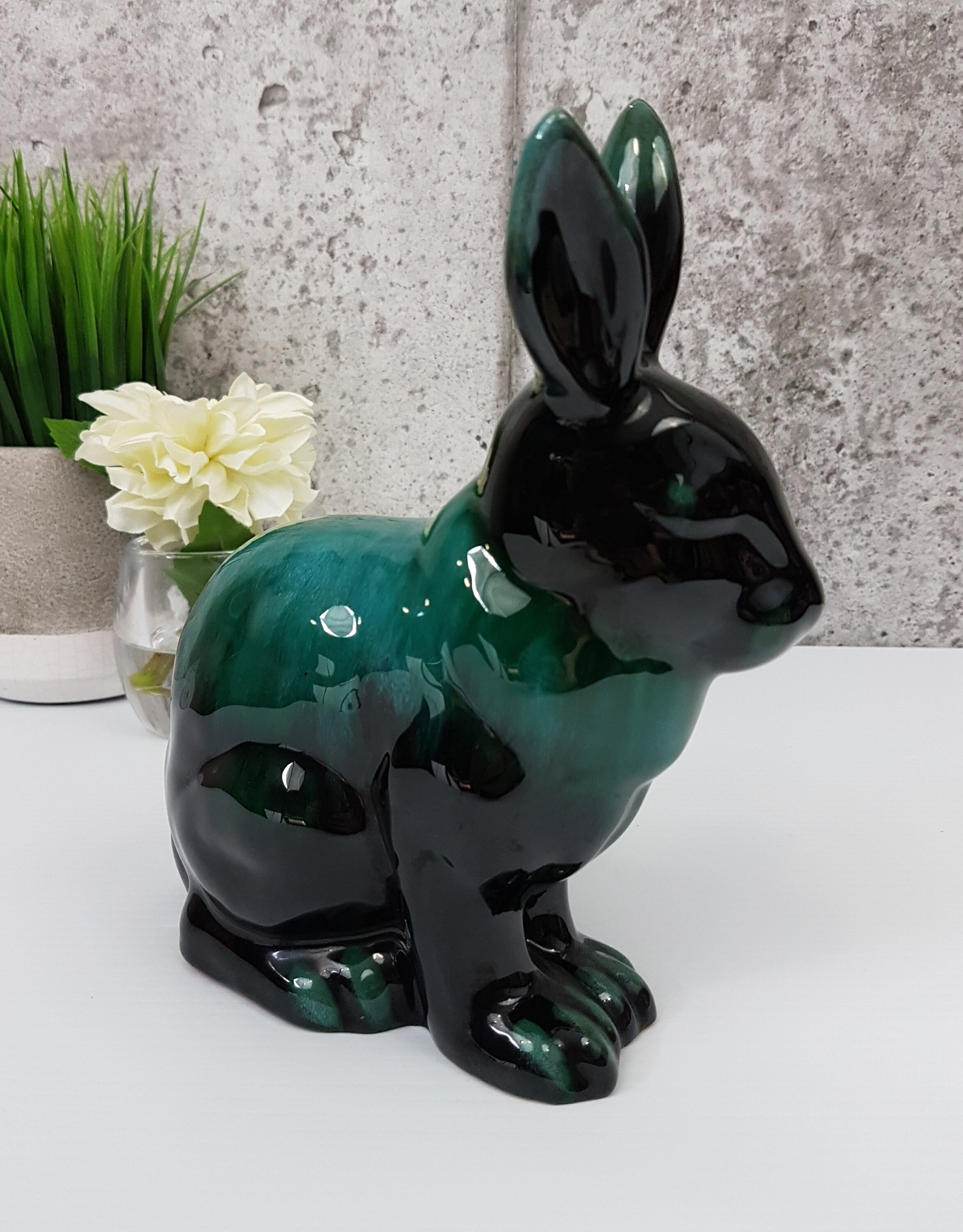 Blue Mountain Pottery Hare, Rabbit, Bunny, Green Drip Glaze with Black