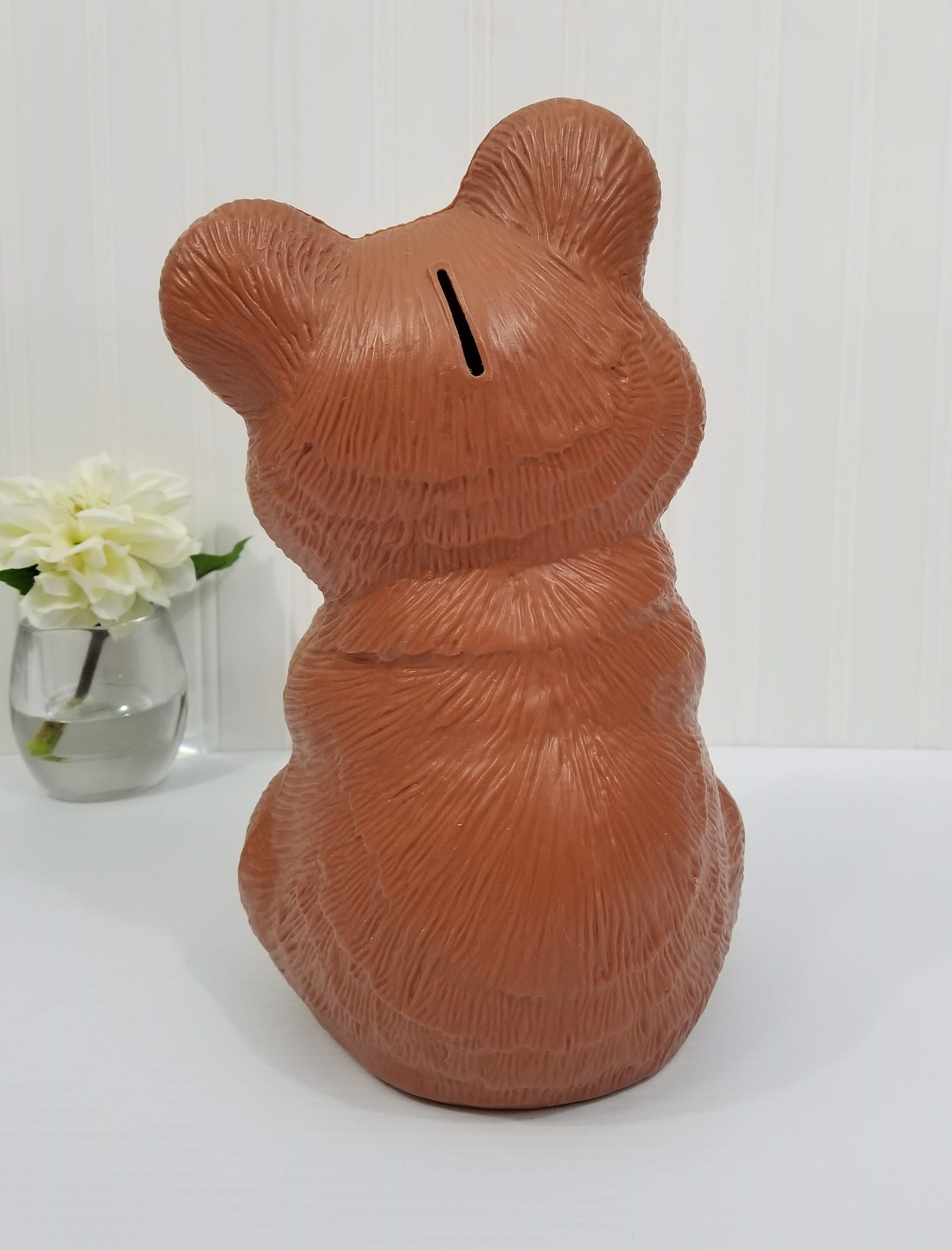 Bear Blow Mold Piggy Bank, Reliable Canada, Plastic, Teddy Bear, Red/Brown and White, Made in