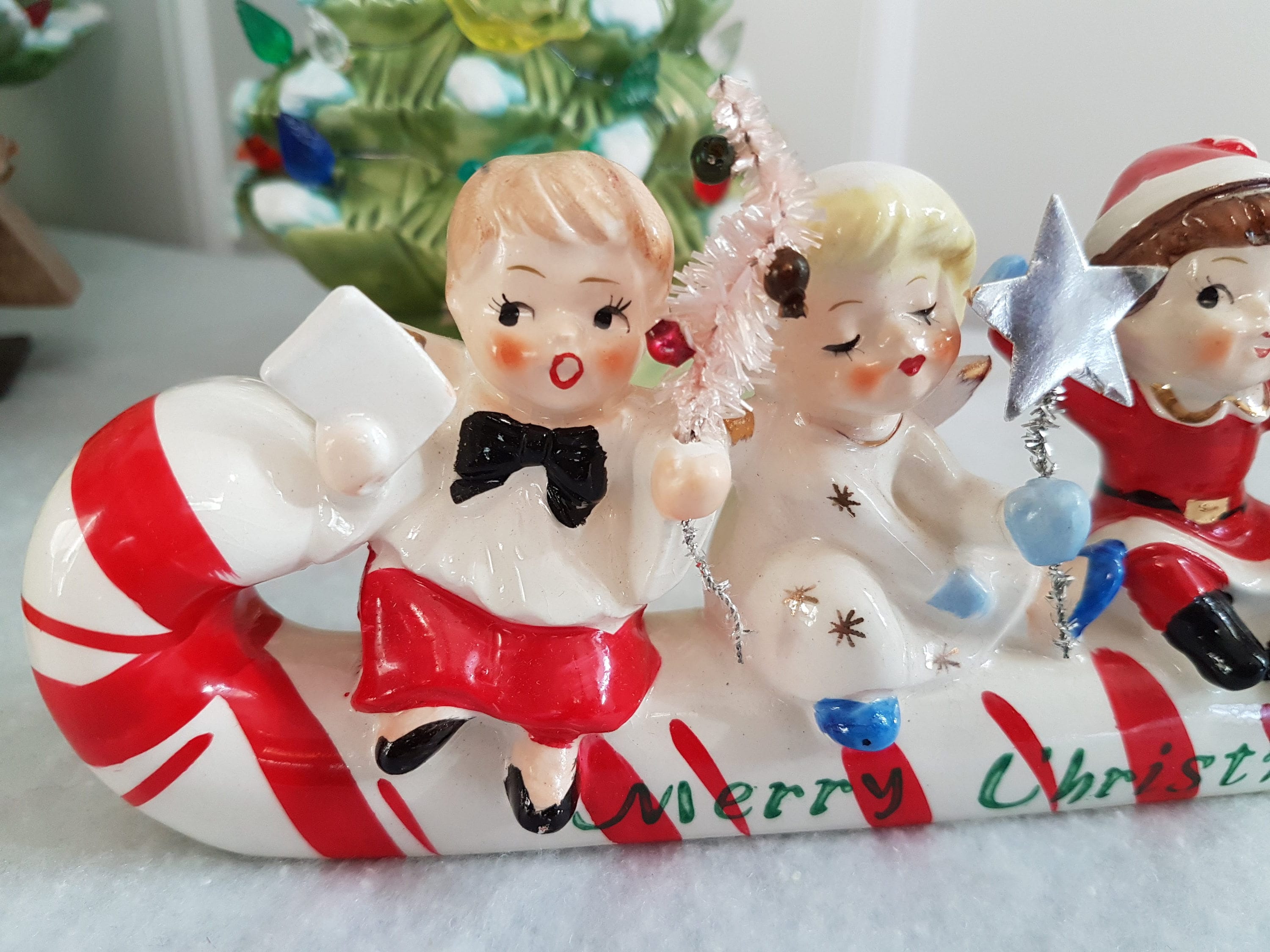 Vintage Angel CandyCane Sleigh Set with Ornaments in Original Box, by