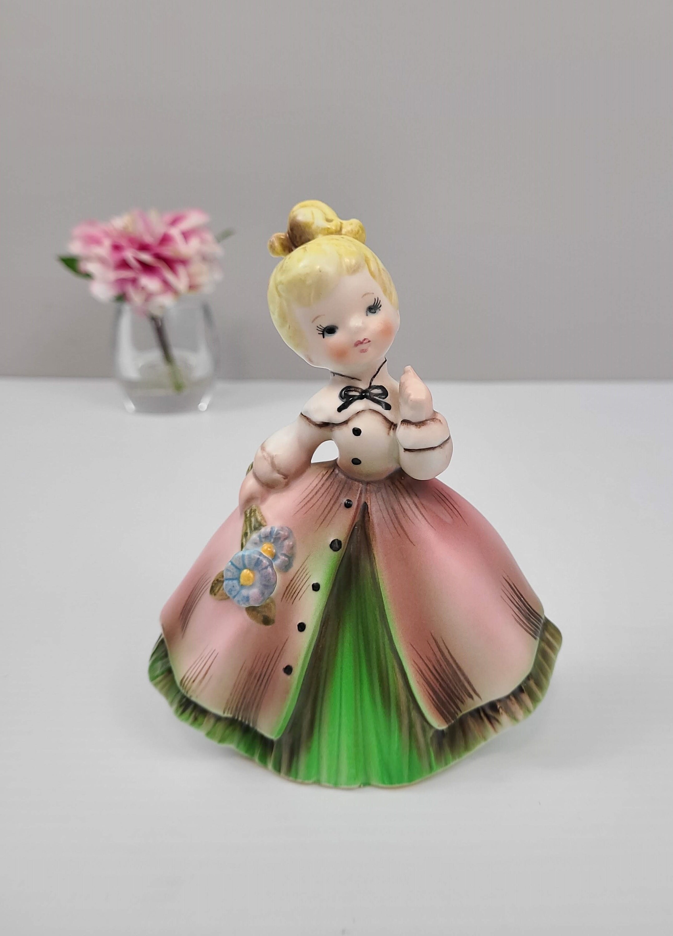 Mid Century Kitschy Gift Craft Lady in Pink Dress Holding Flowers, Hand