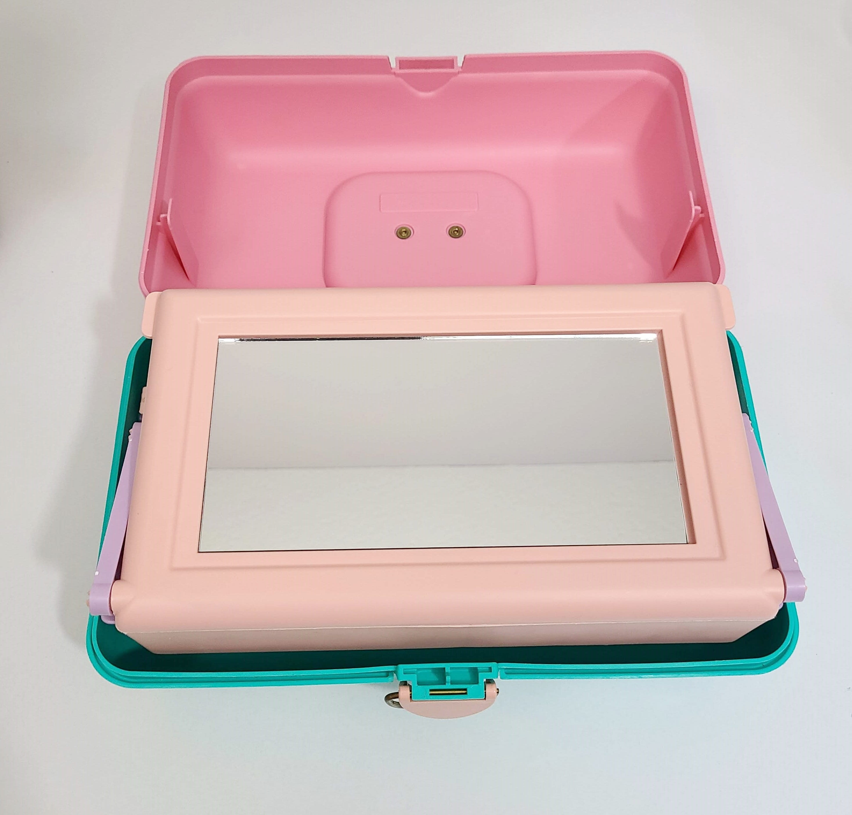1980's Caboodle Tiered Train Makeup Case in Pink & Aquamarine with