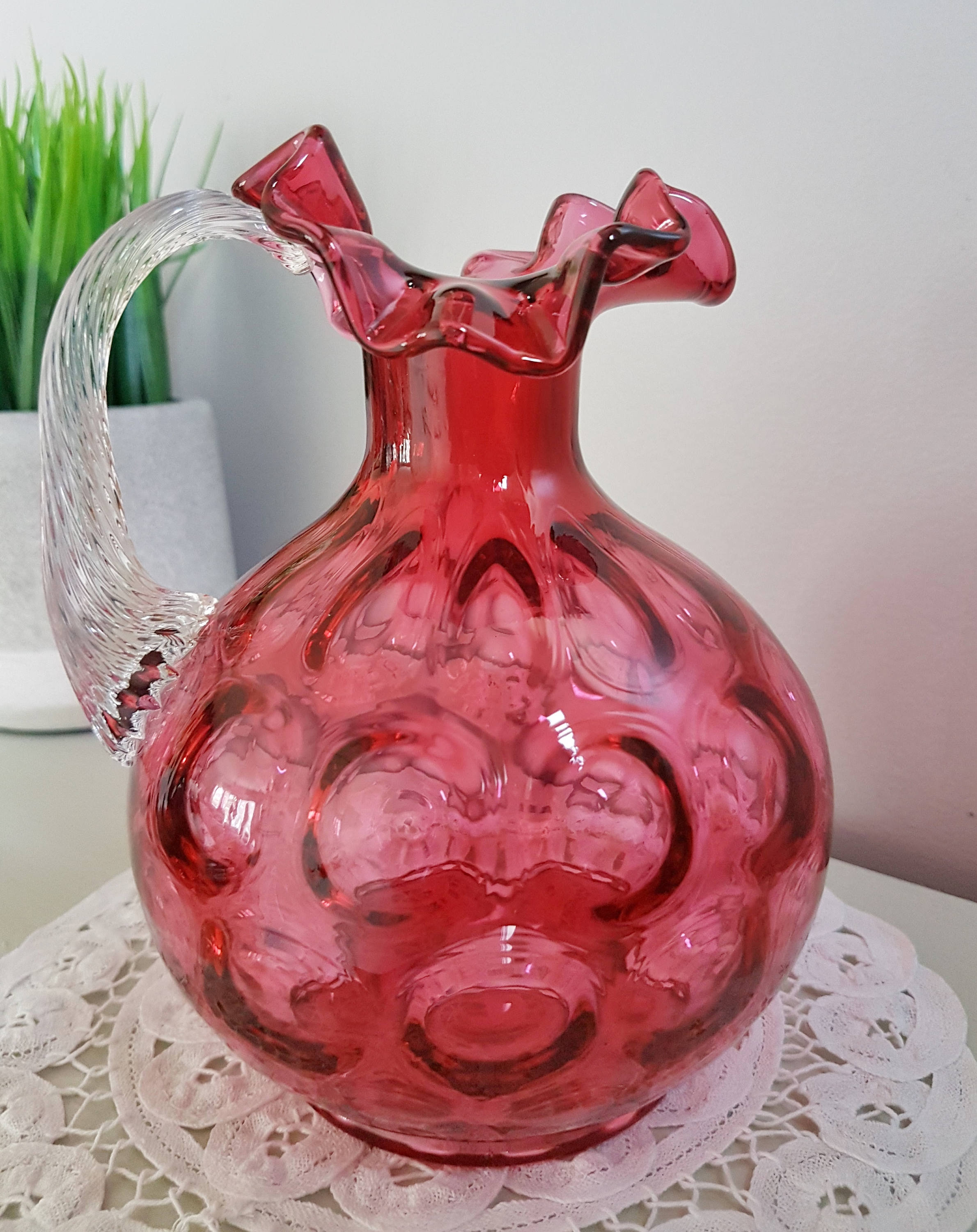 Fenton Country Cranberry Pitcher, Flare Ruffle Mouth, Coin Dot, Crystal