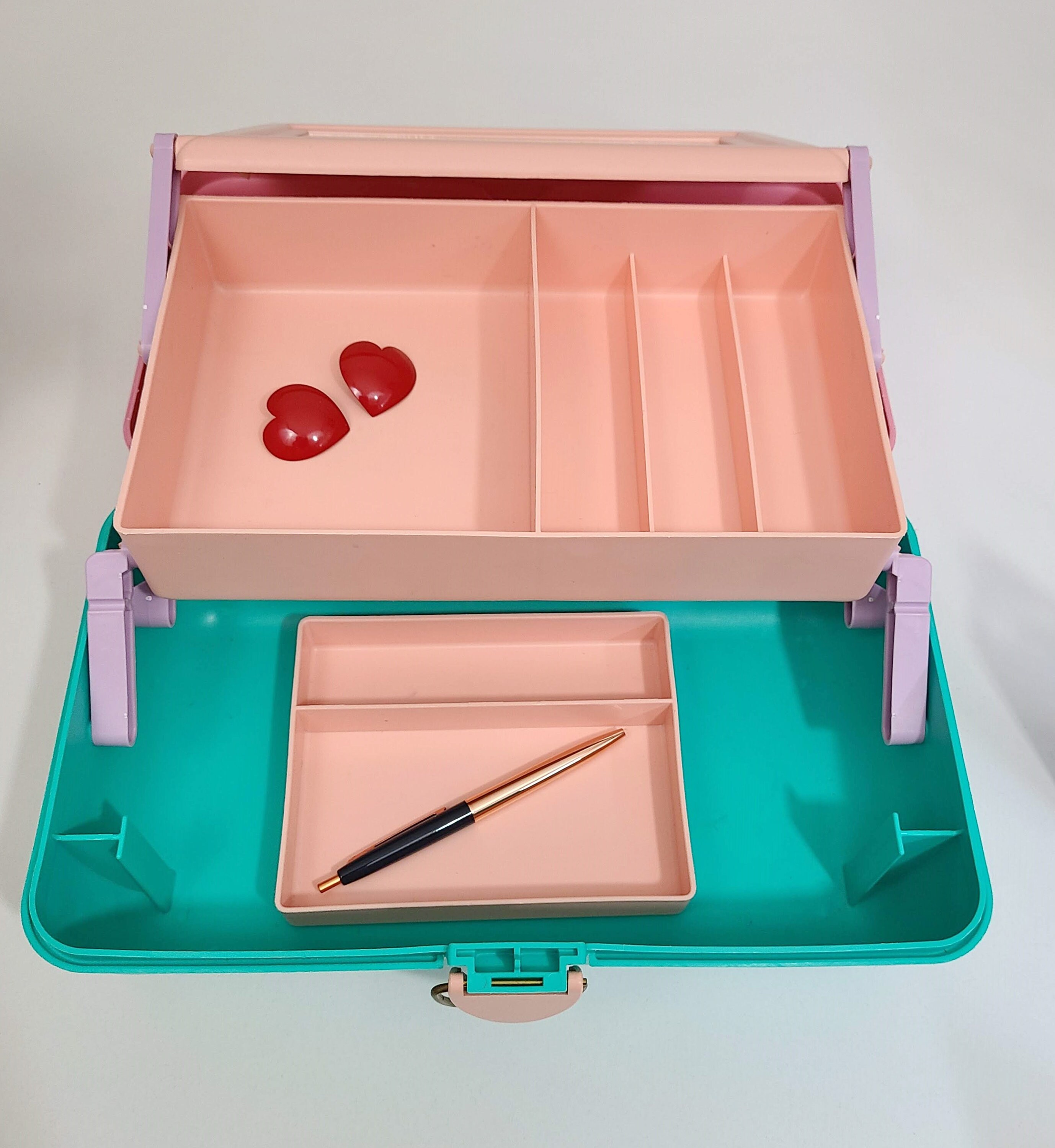 1980's Caboodle Tiered Train Makeup Case in Pink & Aquamarine with