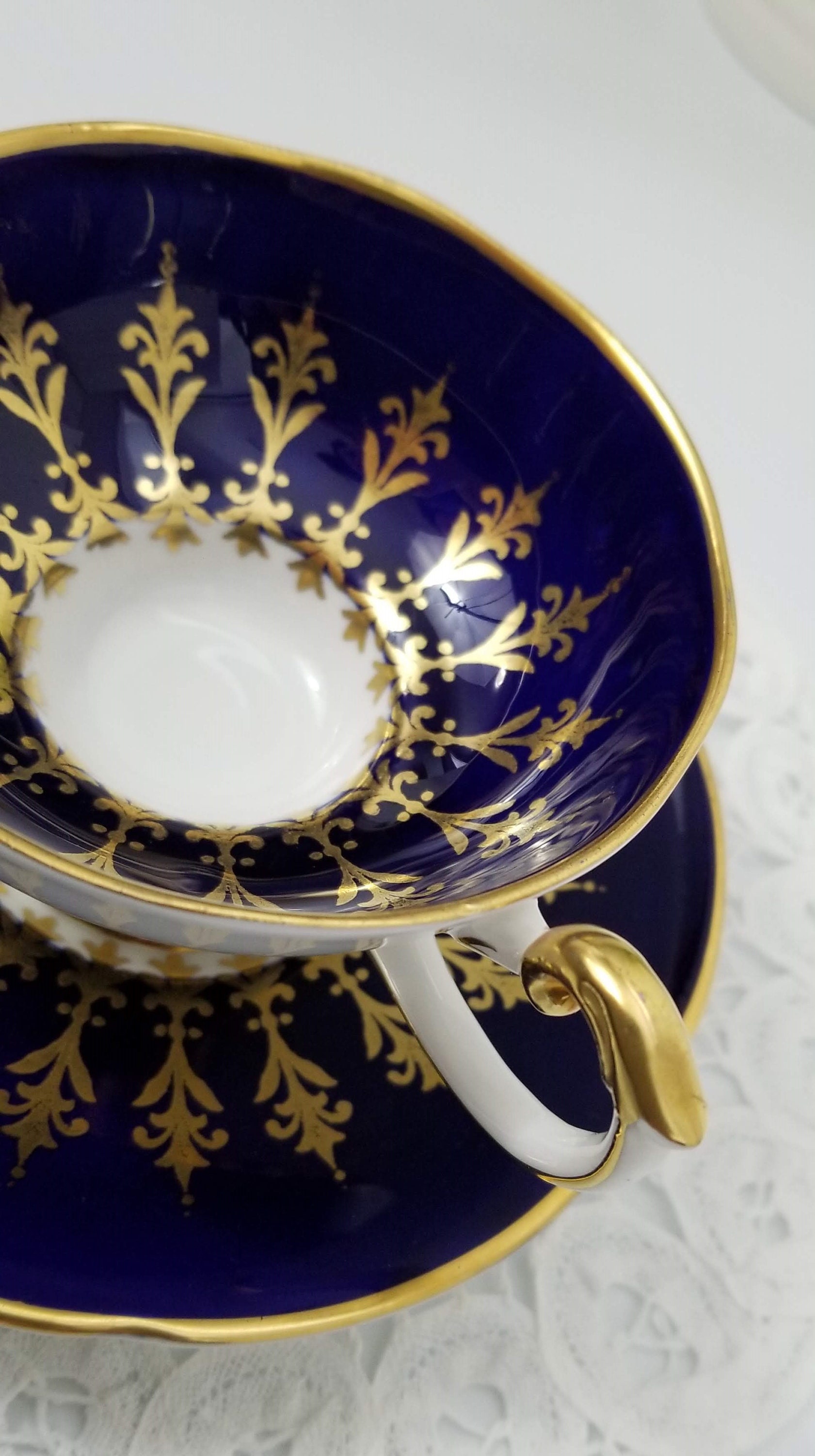 Aynsley Teacup and Saucer Set, Cobalt Blue and White with Ornate Gold Design, Fine English China