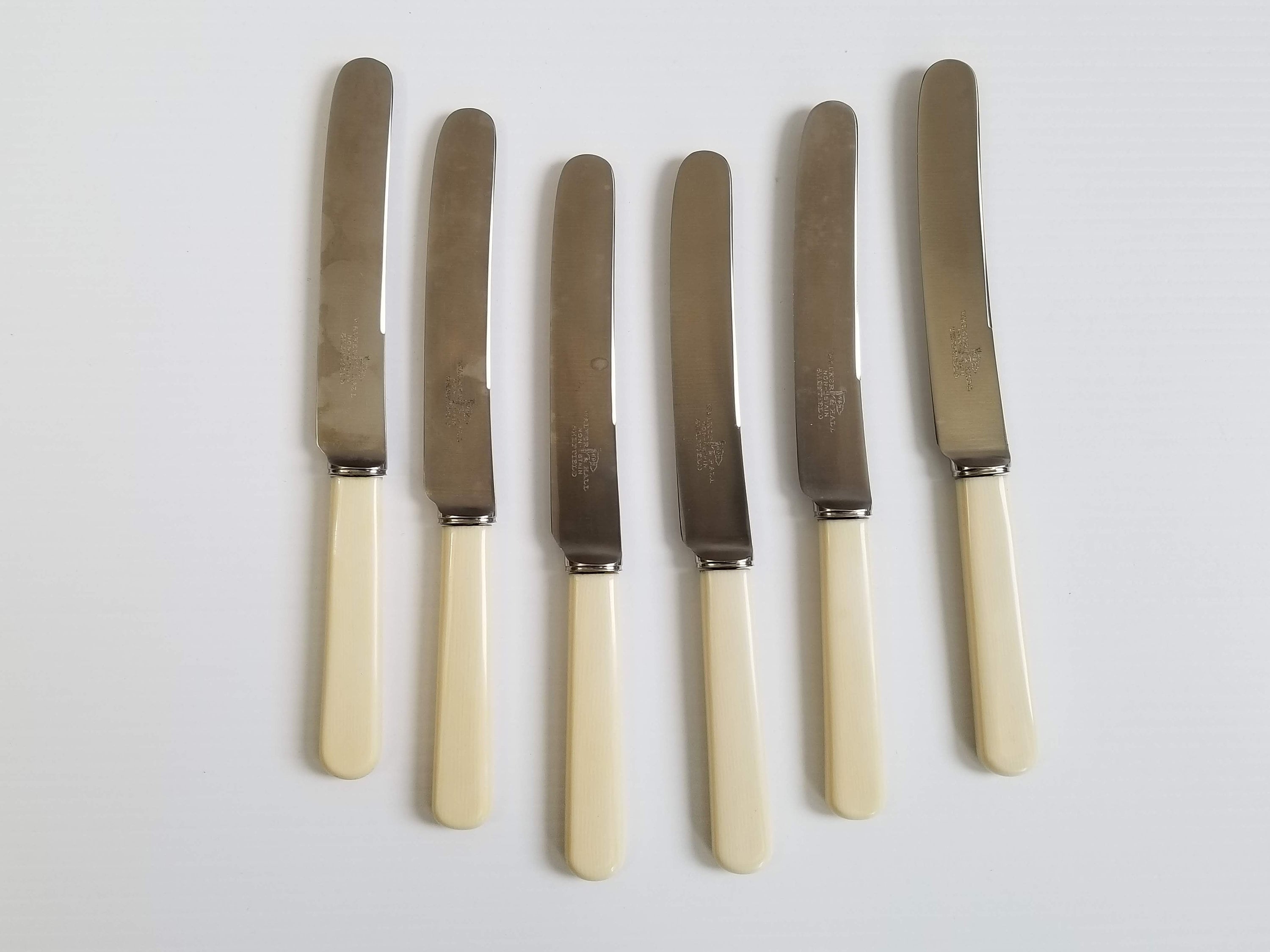 Vintage Cheese Knives by Walker & Hall, OffWhite Patterned Bakelite