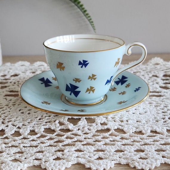 Blue Aynsley Teacup and Saucer with Angular Clover Leaf or Fleur de Lis Pattern, Mid Century Modern Design, Tea Lovers, Teatime