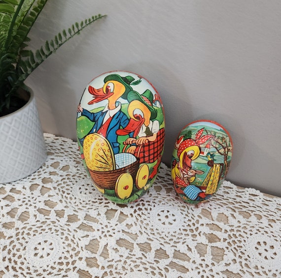 Vintage West German Easter Eggs - Charming Candy Containers with Lithograph Scenes for Spring Decor and Festive Delights, Easter Display