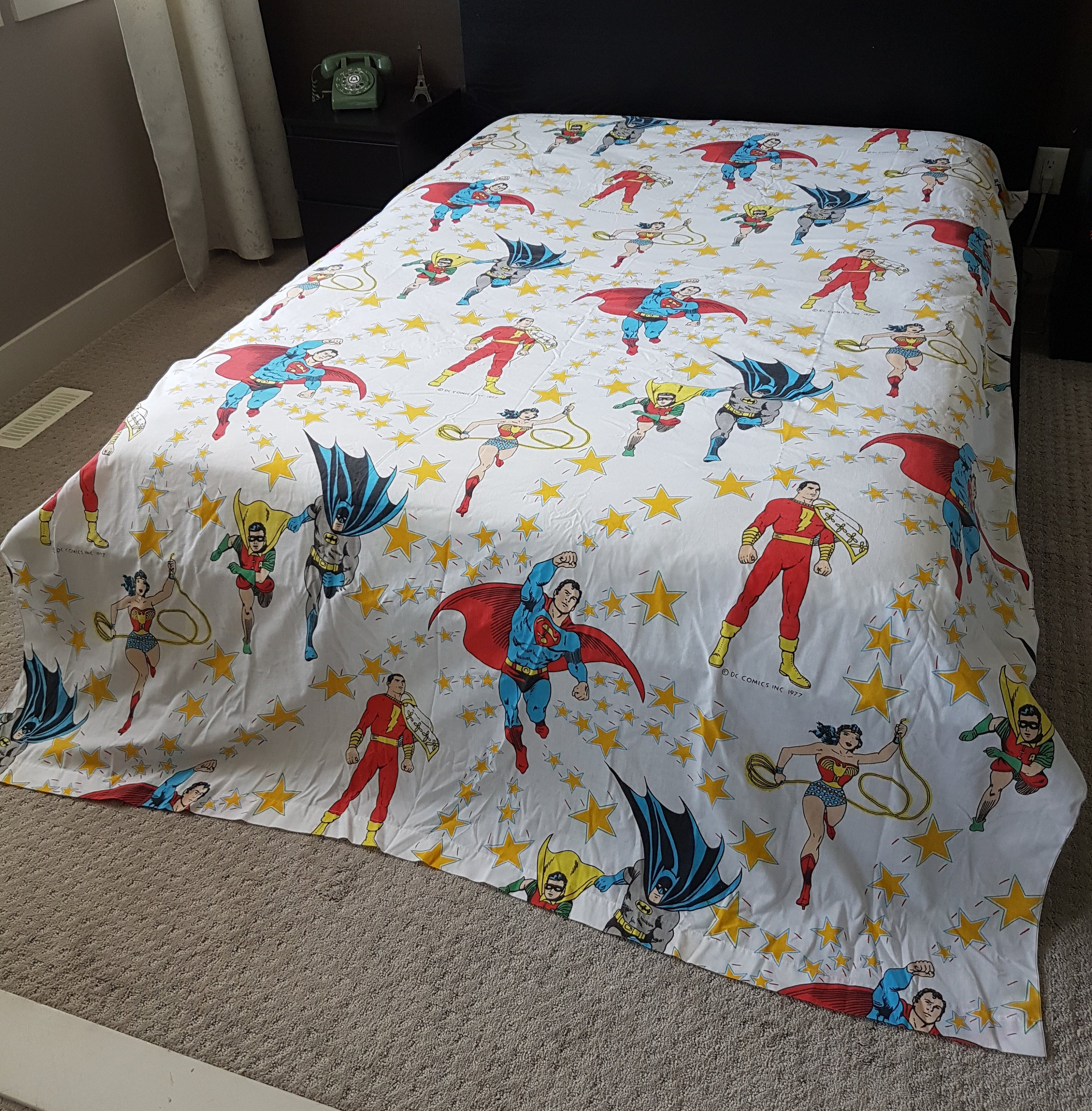 1977 Super Hero Twin Flat Sheet, Superman, Batman & Robin, Wonder Woman