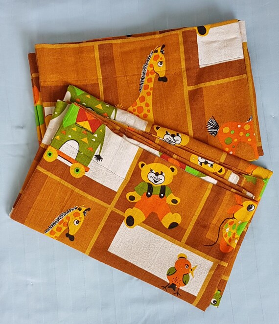Vintage Mod Kids Baby Curtains Material 1960 1970s Cotton Etsy