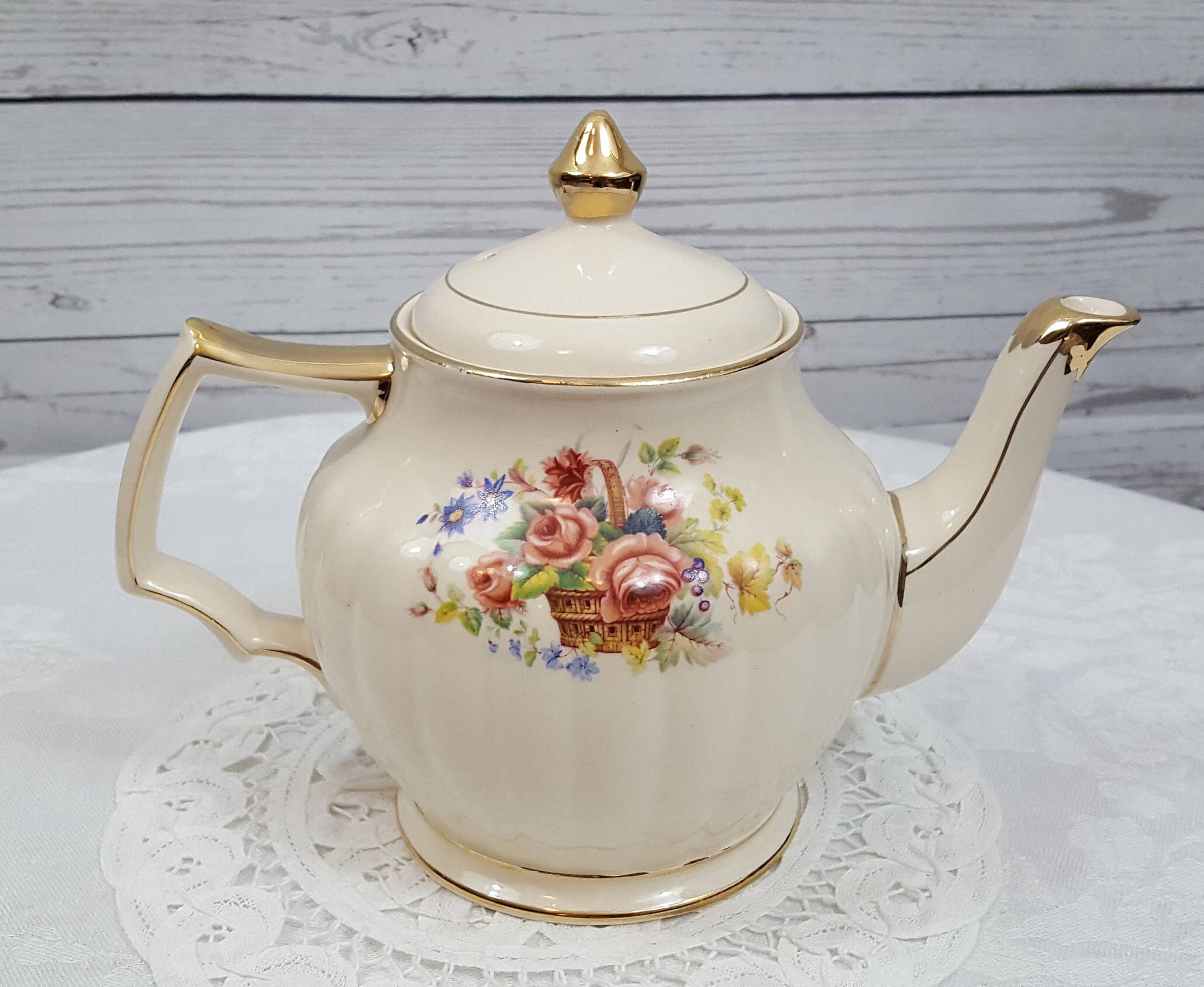 Vintage Sadler Teapot, Pink Rose Bouquet in a Basket, Gold Gilding, Made in England, English