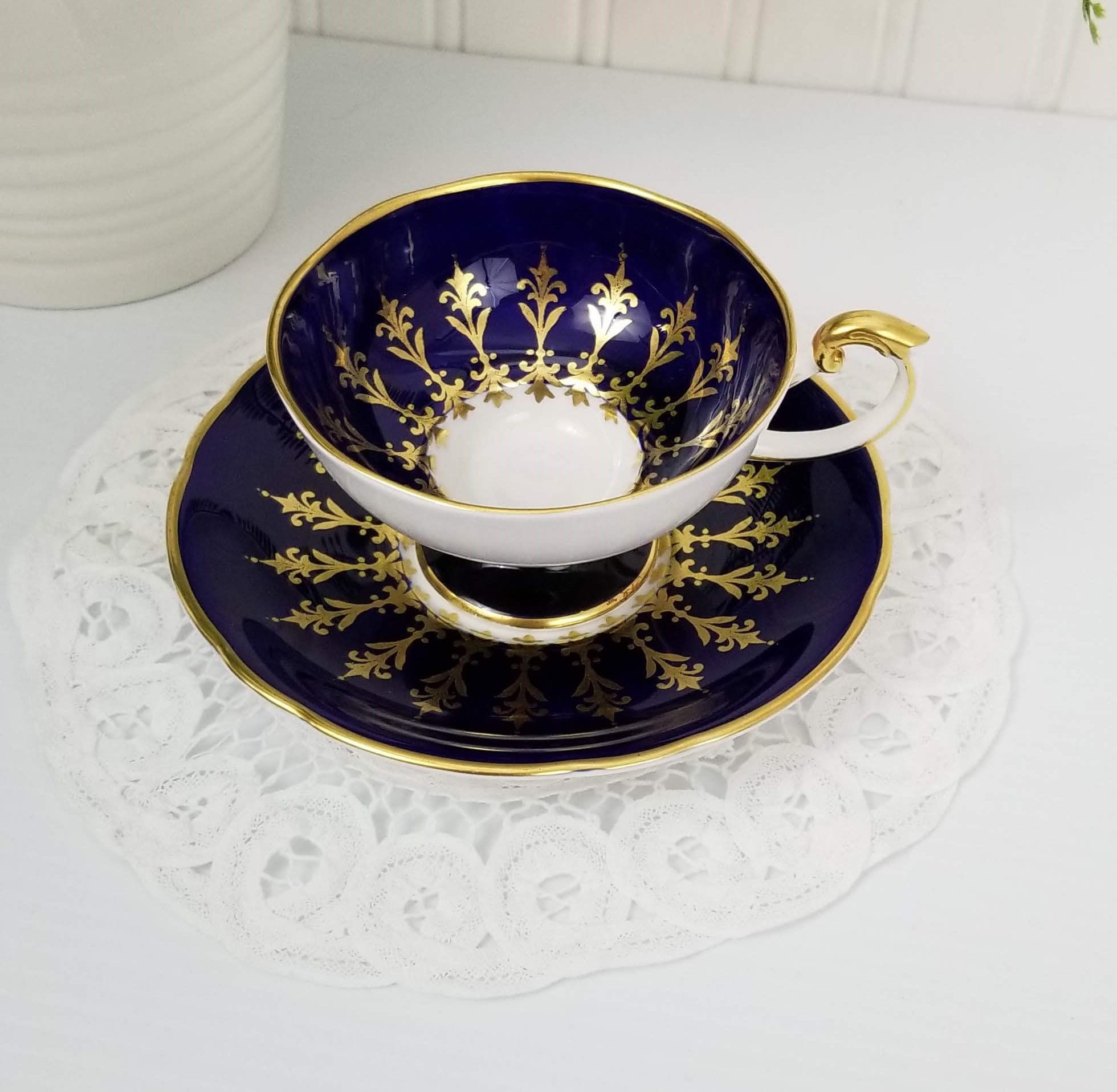 Aynsley Teacup and Saucer Set, Cobalt Blue and White with Ornate Gold Design, Fine English China