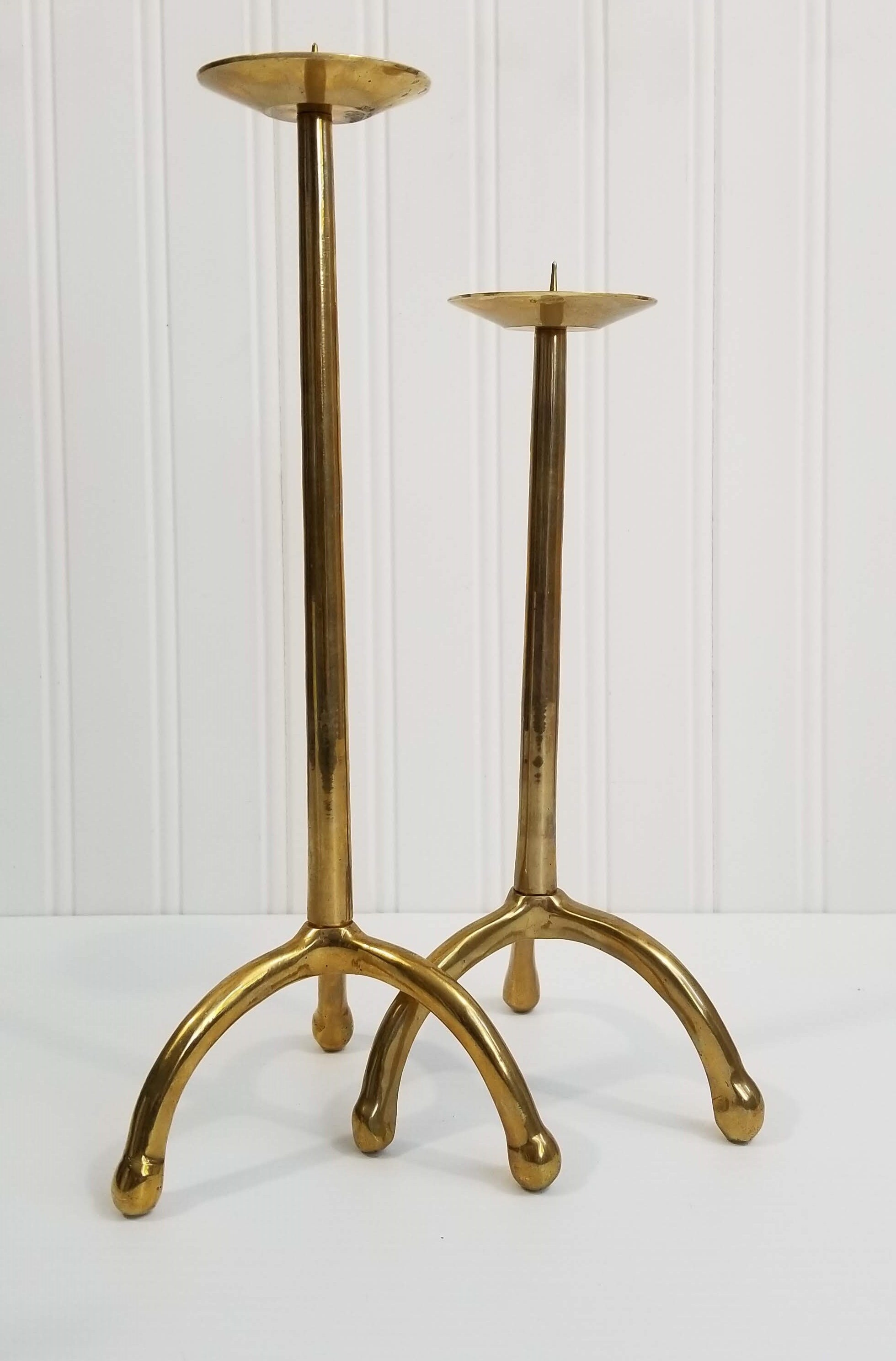Pair Brass Candle Holders, Tall Graduating, Pillar Candles, Spider Legs