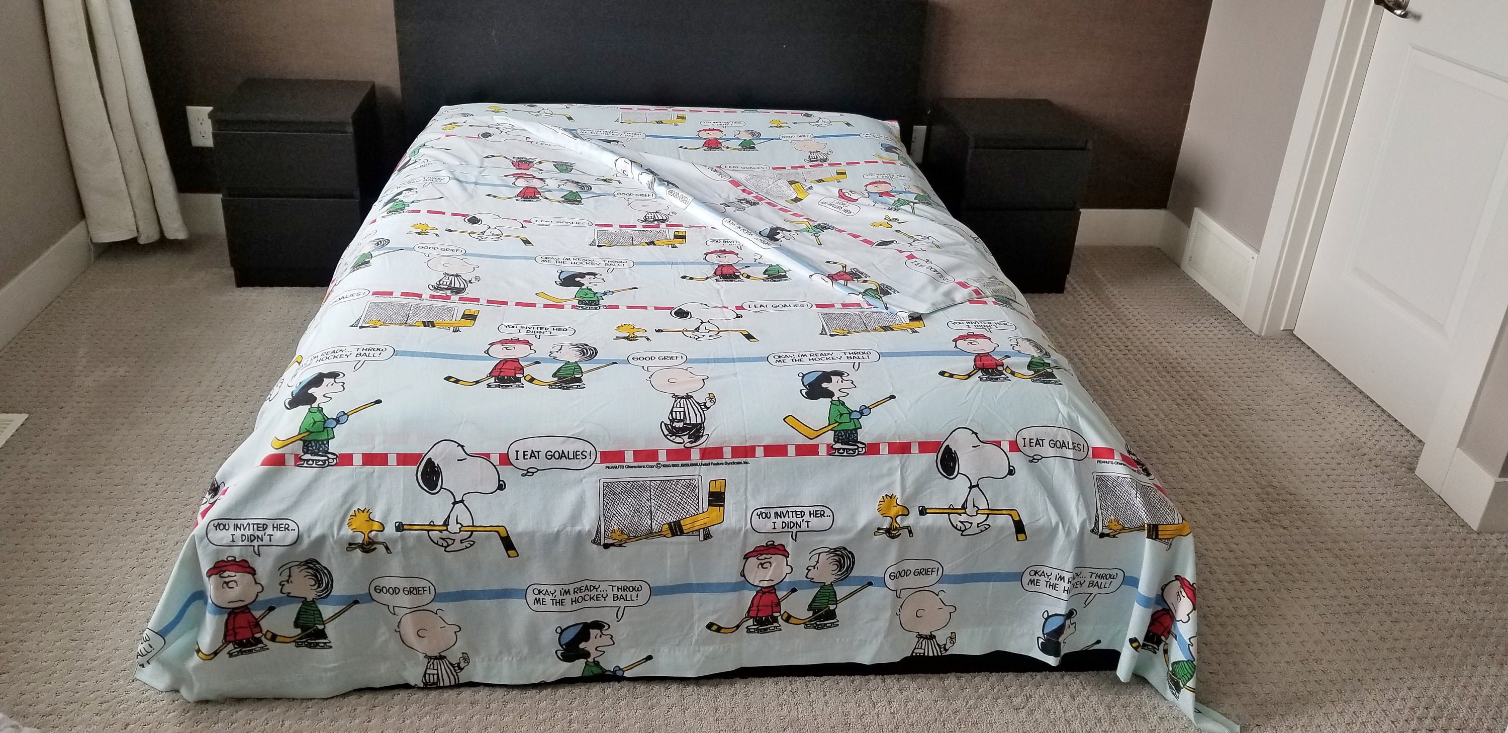 Vintage Snoopy Peanuts Gang Hockey Sports, Double Bed Sheets, Fitted