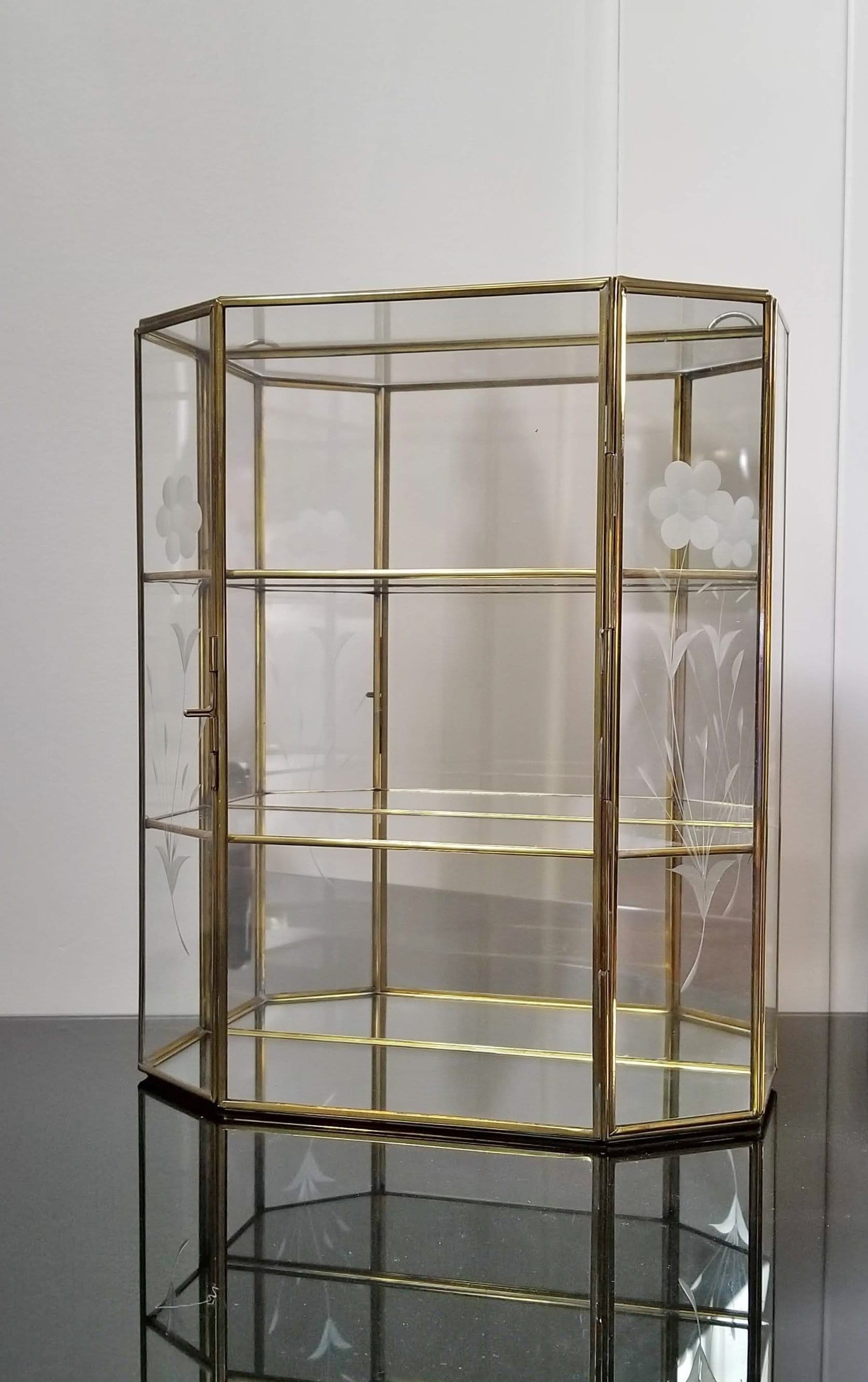 Brass, Glass and Mirror Curio Hexagon / Display Case / Wall / Table Top Two Shelves