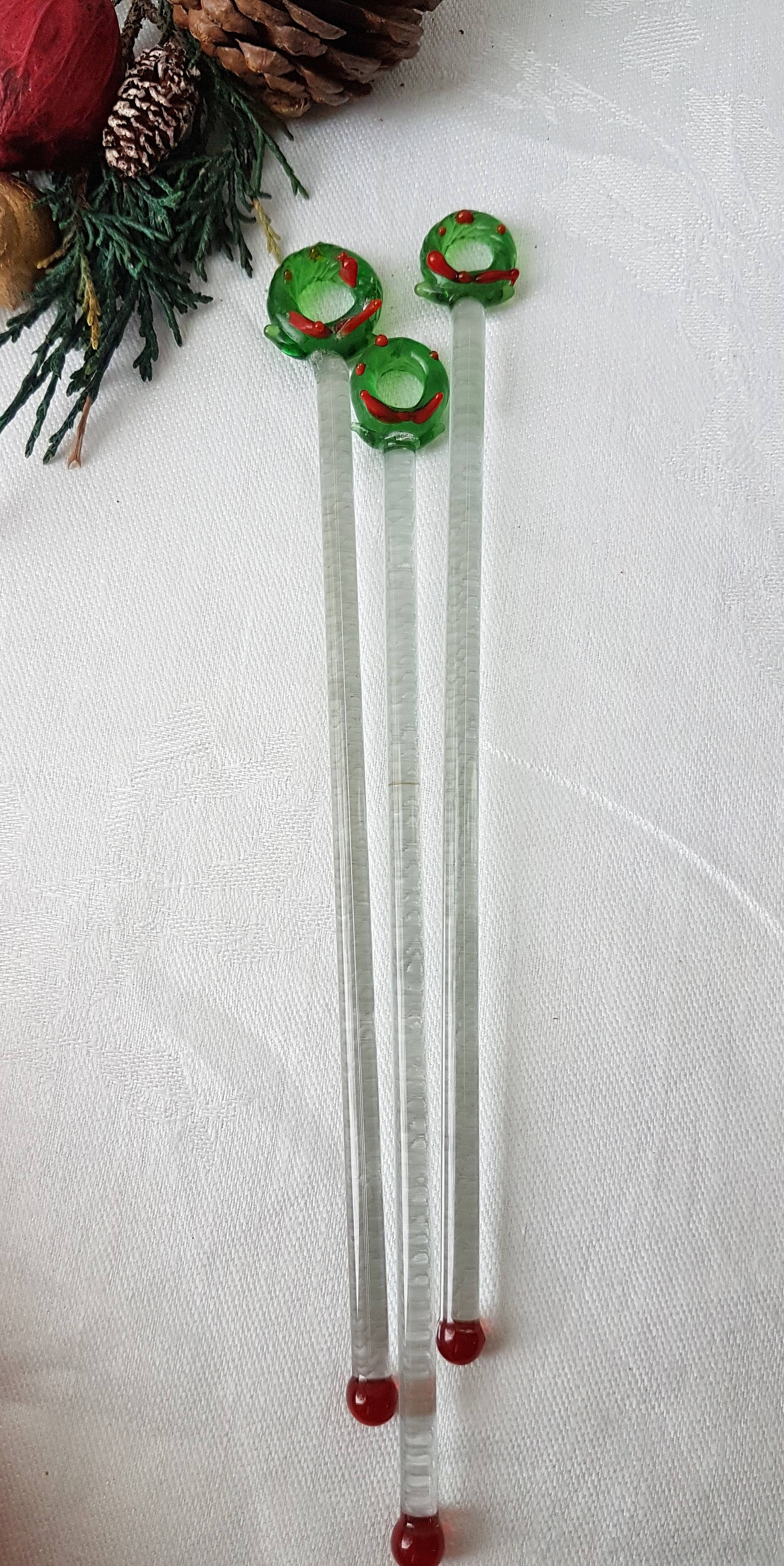 Vintage Glass Christmas Swizzle Stick, Drink Stir Sticks, Set of 6 in