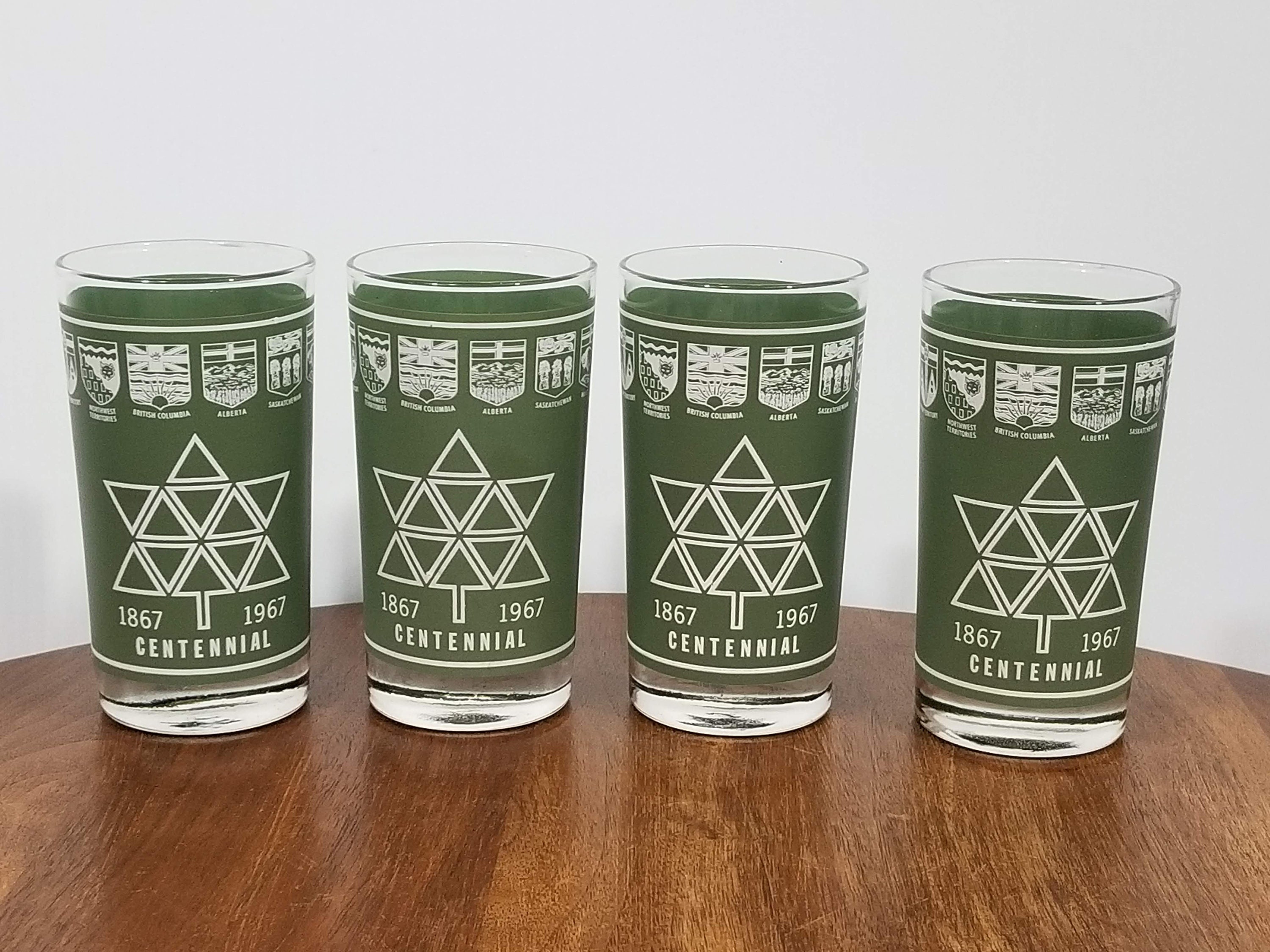 Centennial Canada Glasses Set of 4 in Green by Dominion Glass, 1867