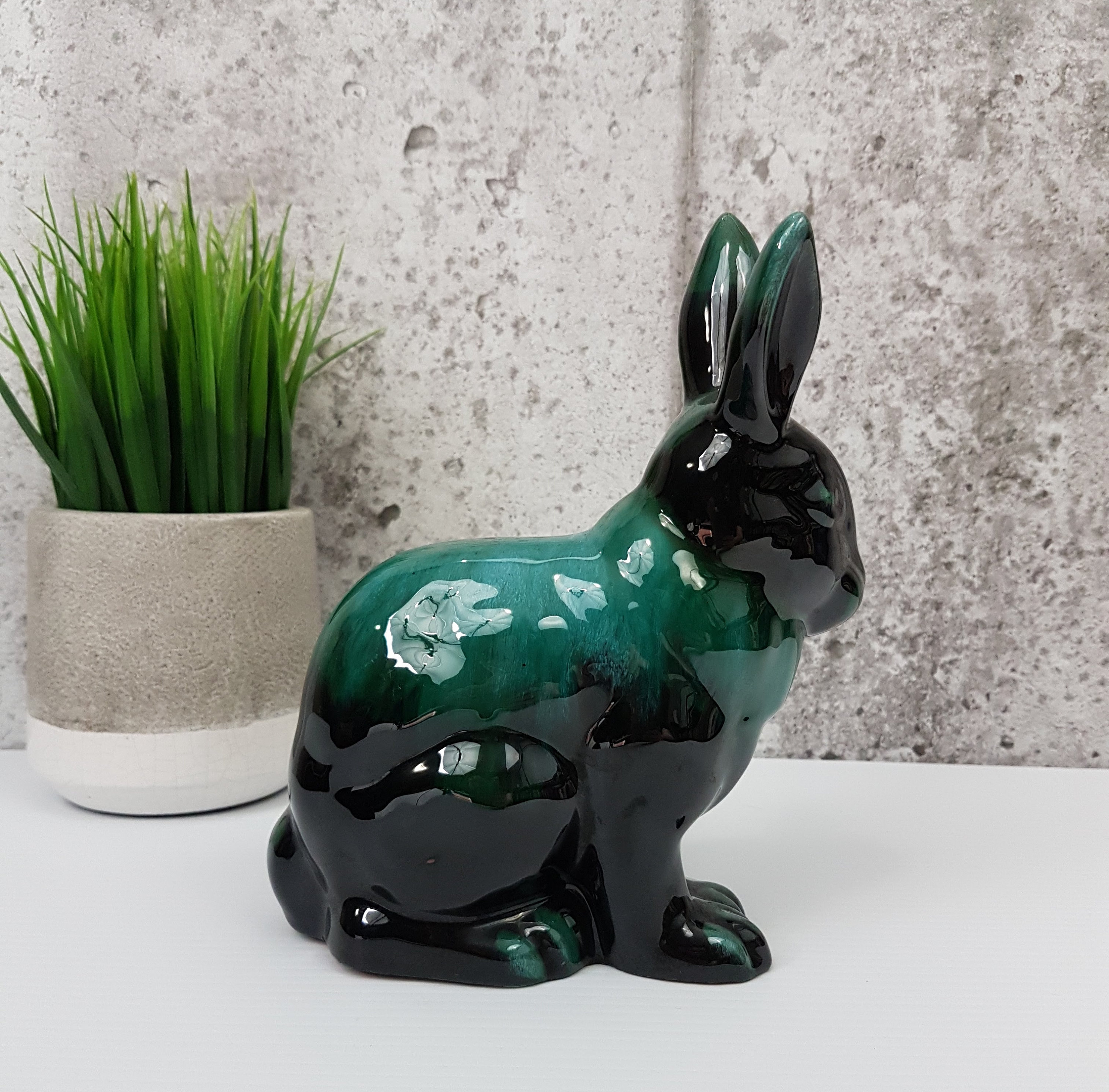 Blue Mountain Pottery Hare, Rabbit, Bunny, Green Drip Glaze with Black, Made in Canada, Red Clay