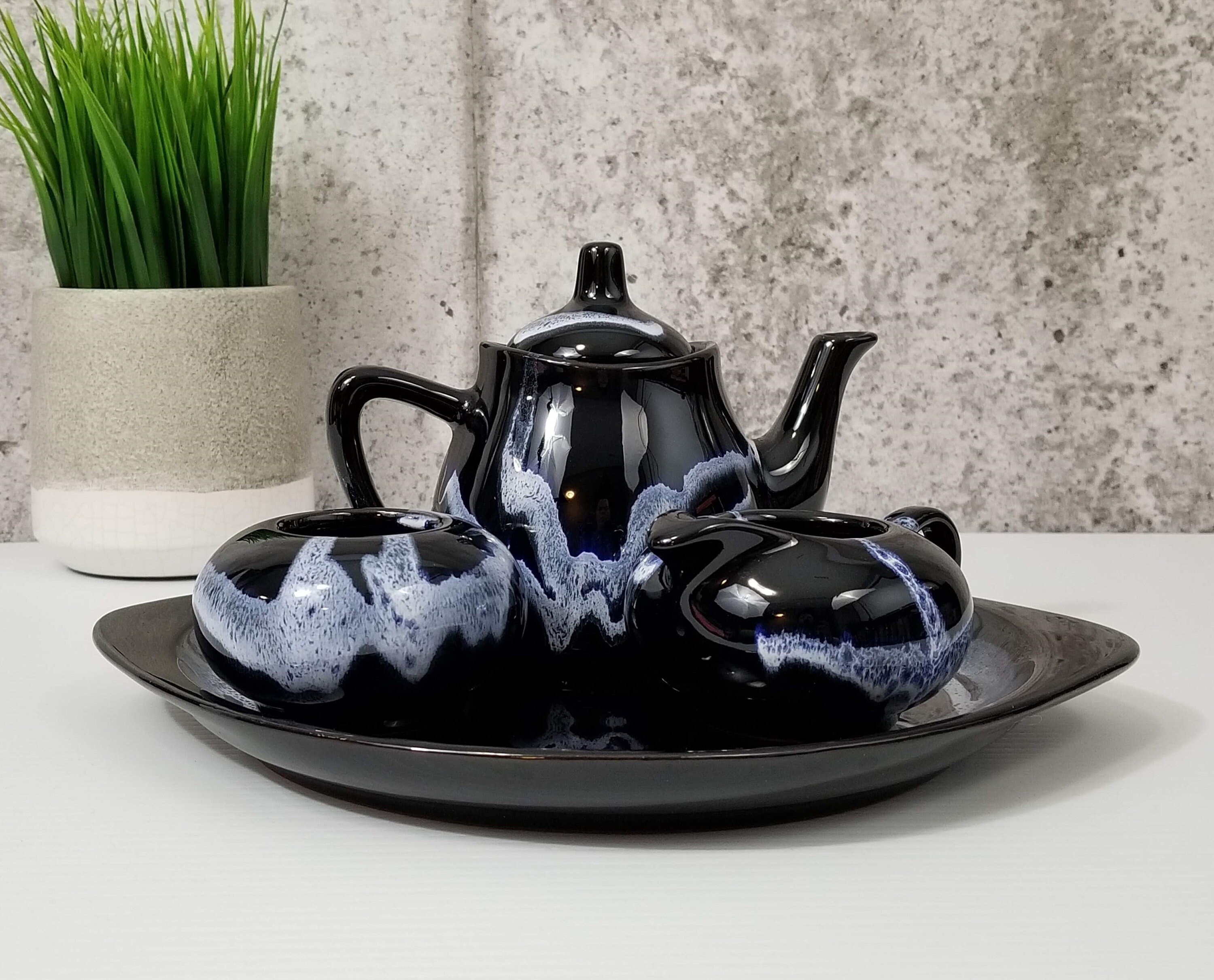 Blue Mountain Pottery Tea Set in Granite Glaze, Includes Serving