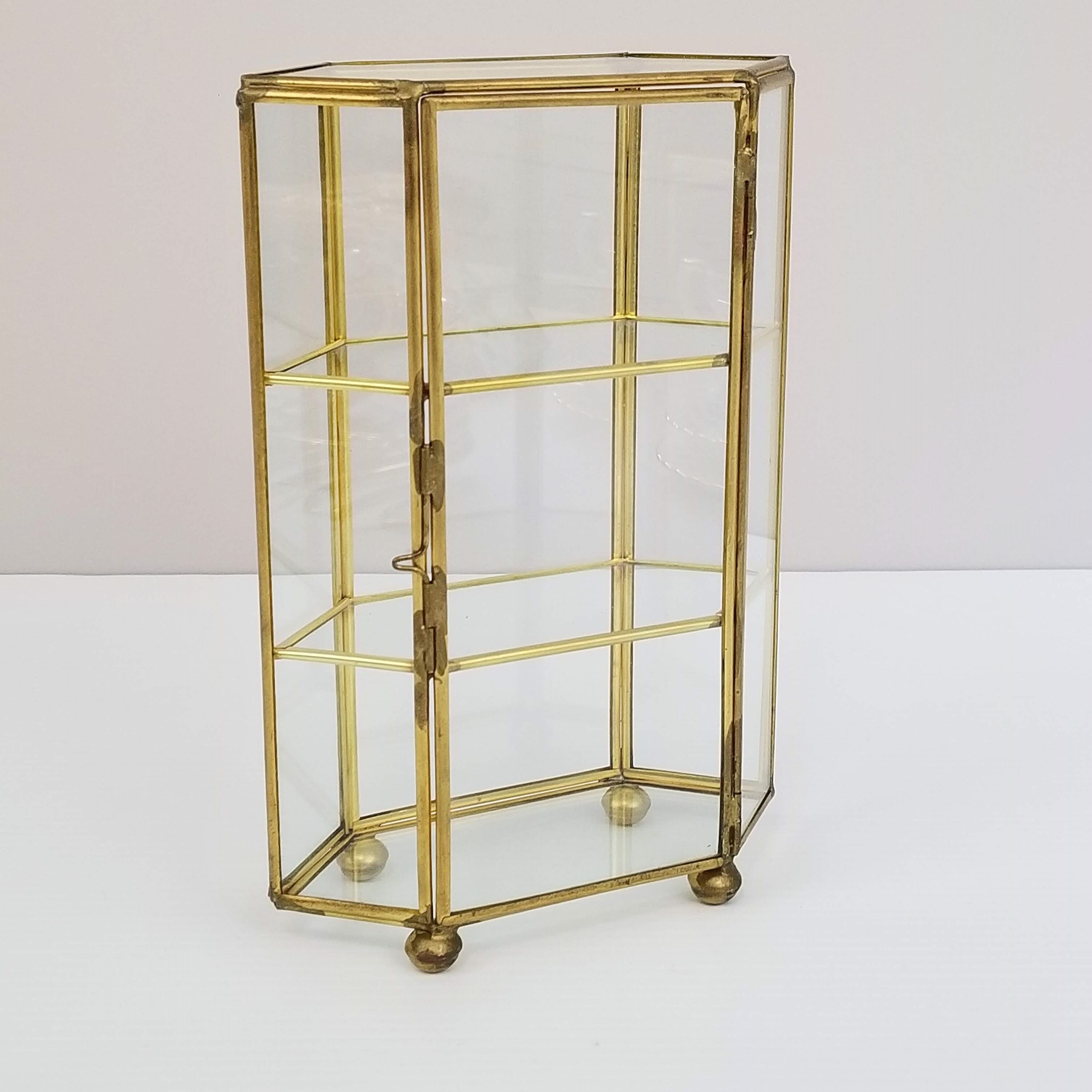 Vintage Glass and Brass 6sided Tabletop Curio Display Case