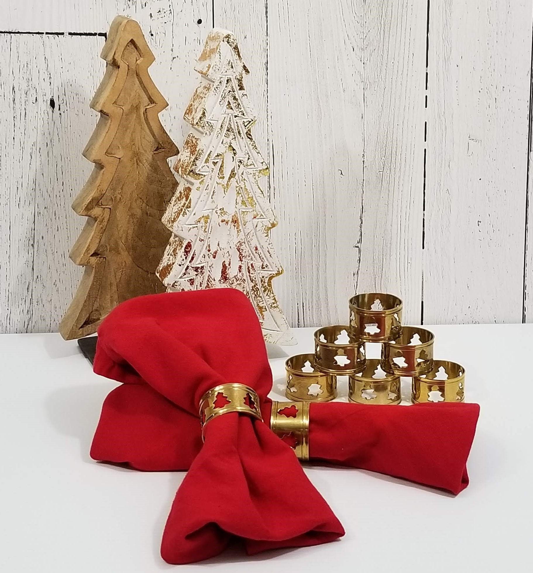 Solid Brass Christmas Tree Napkin Rings / Holders, Set of 8, Table