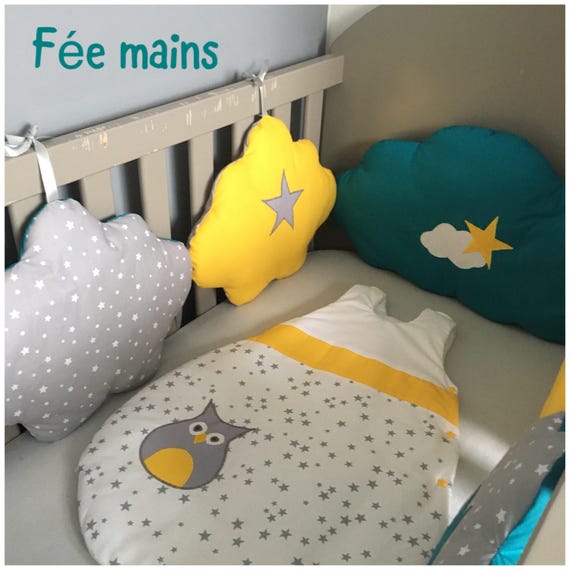 Tour De Lit Nuages En Coton Gris étoilé Jaune Moutarde Et Bleu Canard Avec étoiles