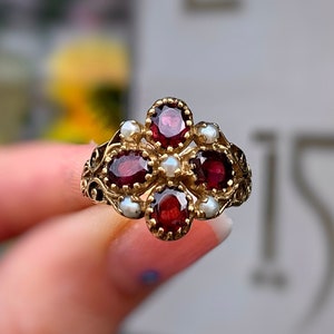 Victorian Reproduction 9ct Yellow Gold Garnet and Seed Pearl Cluster ...