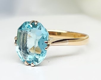 Vintage 9ct Yellow Gold Blue Glass Statement Solitaire Ring - Size P