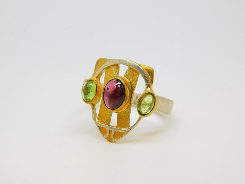 Paula Bolton MARGARET MACDONALD Collection Designer Scottish Gold Silver Garnet Peridot Ring Bracelet Glasgow Mackintosh