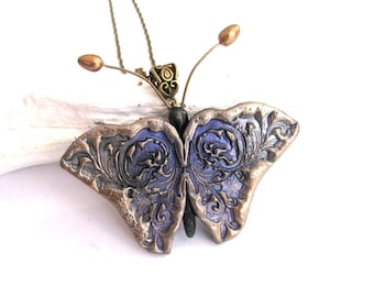 Butterfly necklace, Blue gold butterfly jewelry, Statement necklace Steampunk necklace Animal jewelry gift Wildlife jewelry Butterfly lover