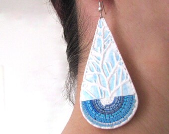 Statement Teardrop Big long drop Earrings Blue white jewelry Big statement long drop earrings Beach jewelry gift Dangle drop earrings gift