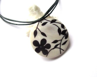 White Mother of pearl Shell necklace One of a kind Shell jewelry gift Flower child jewelry Pearl Black and White Boho Women necklace gift