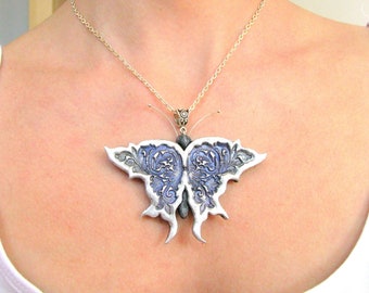 Butterfly necklace Silver blue butterfly Steampunk necklace Unique butterfly necklace Victorian style butterfly Wildlife insect jewelry