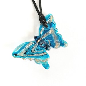 Blue butterfly glass art necklace Dainty cute small glass butterfly pendant Gift for her Butterfly charm minimalist ocean blue butterfly