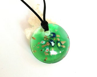 Italian Murano art glass necklace gift Green millefiory glass necklace Boho Spring jewelry gift for her Cocktail Festival necklace pendant