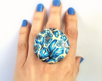 Adjustable big Boho flower ring Handmade unusual one of a kind statement ring Cocktail big blue flower ring for her Cute ring for her gift