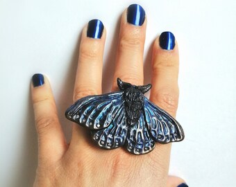 Butterfly Moth blue adjustable ring Wicca Moth insect statement Unusual big ring Butterfly pagan Hippie ring Handmade unique ring gift