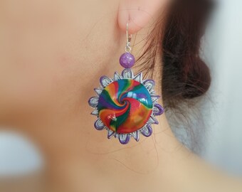 Rainbow colorful Boho drop earrings, Cute hippie rainbow swirl dangle earrings, Amethyst crystal LGBTQ Festival jewelry for her gift idea