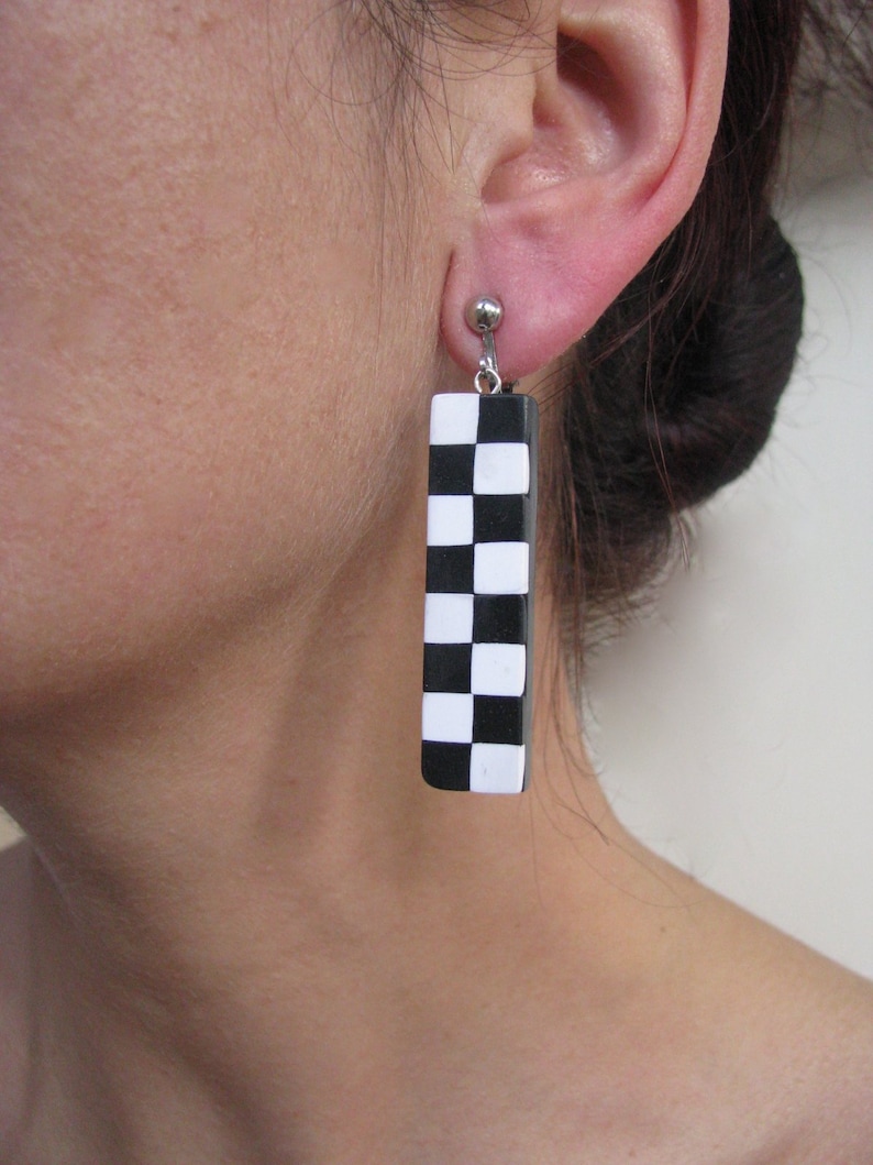 Clip on earrings Bar earrings for her Black white earrings Drop earrings for women Geometric jewelry Cute earrings Simple earrings