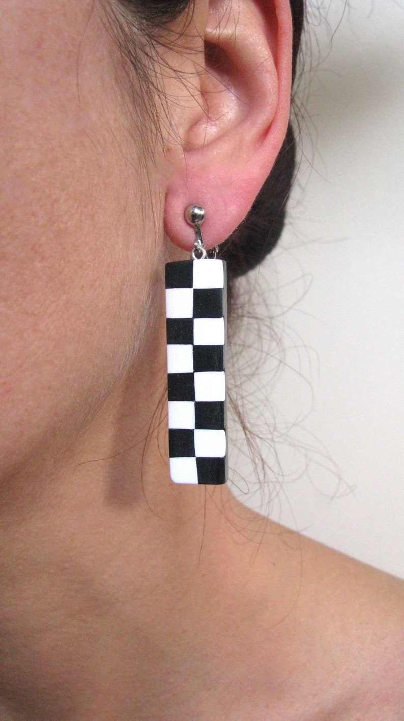 Clip on earrings Bar earrings for her Black white earrings Drop earrings for women Geometric jewelry Cute earrings Simple earrings